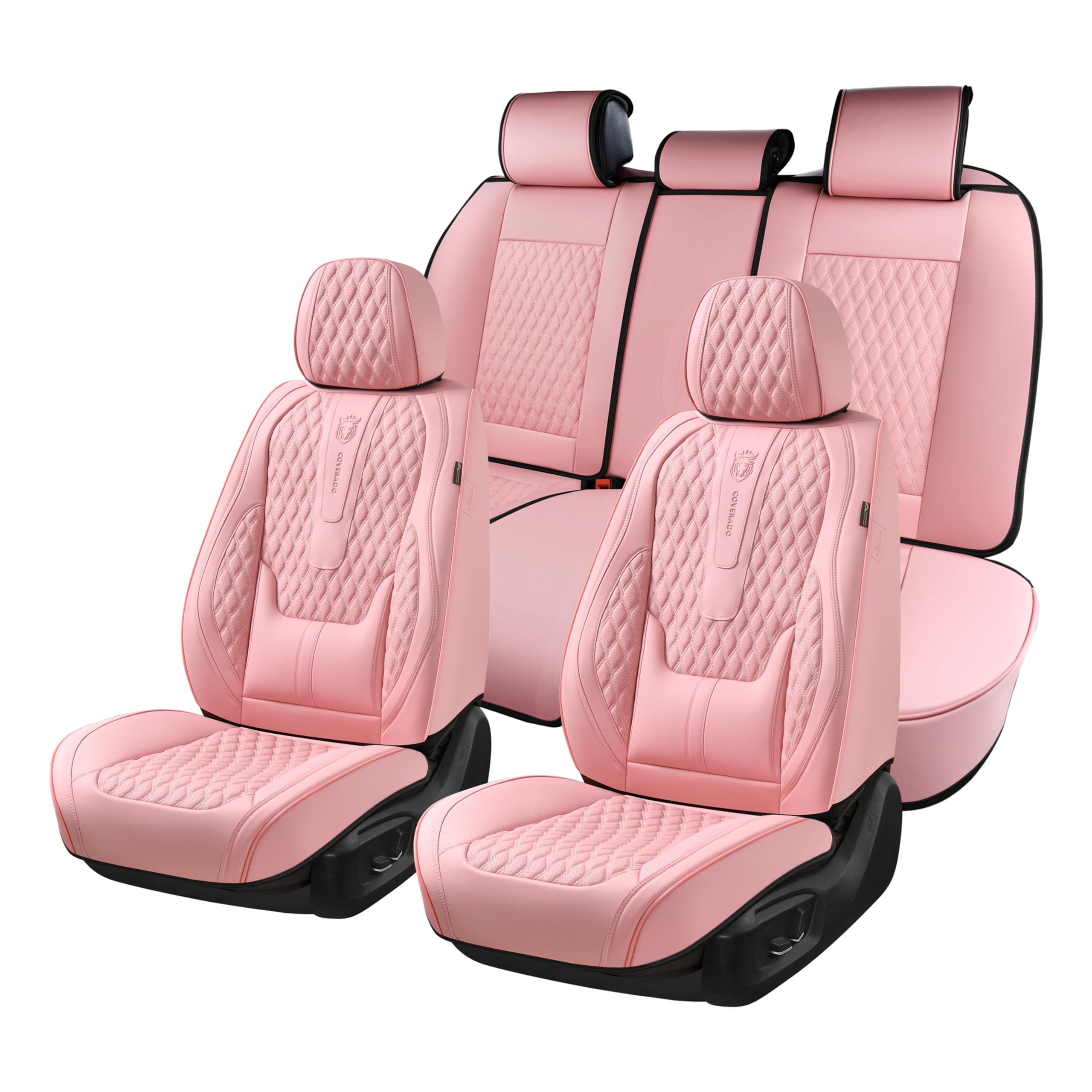 Coverado Seat Covers Full Set, Pink Car Seat Covers, Waterproof Car Seat Cover with Lumbar Support, Leather Car Seat Cushion Pro