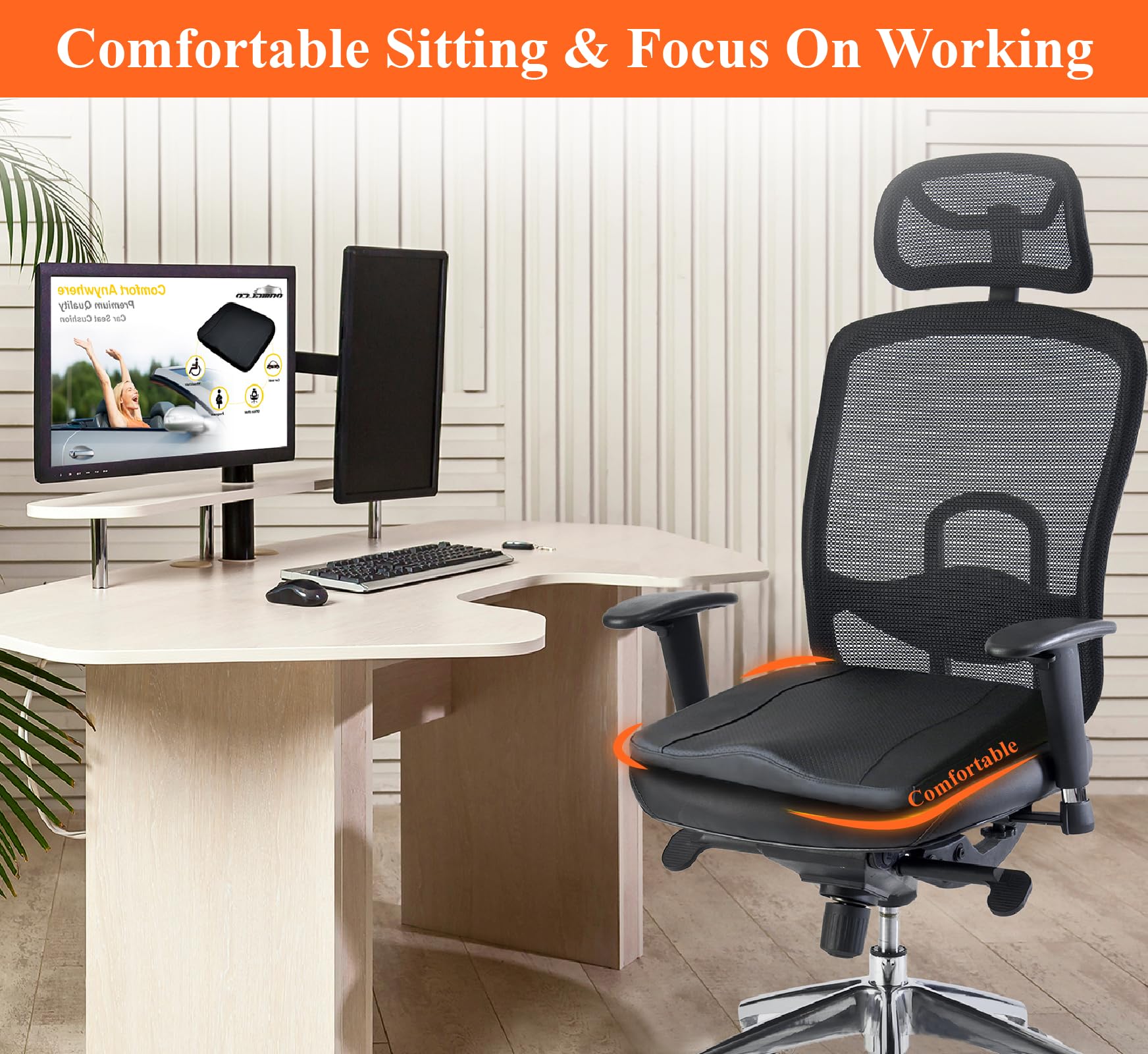 Kingphenix Premium Car Seat Cushion, Memory Foam Driver Seat Cushion To Improve Driving View- Coccyx & Lower Back Pain Relief -