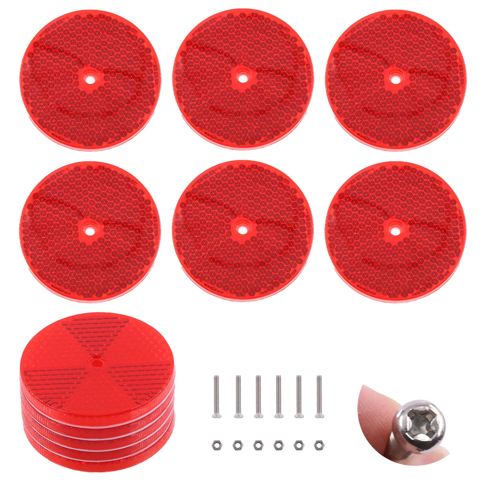 Rustark 12Pcs Red Front Reflector Round Reflector with 24Pcs 304 Mounting Bolts and Nuts Plastic Reflective Waterproof Safety Wa