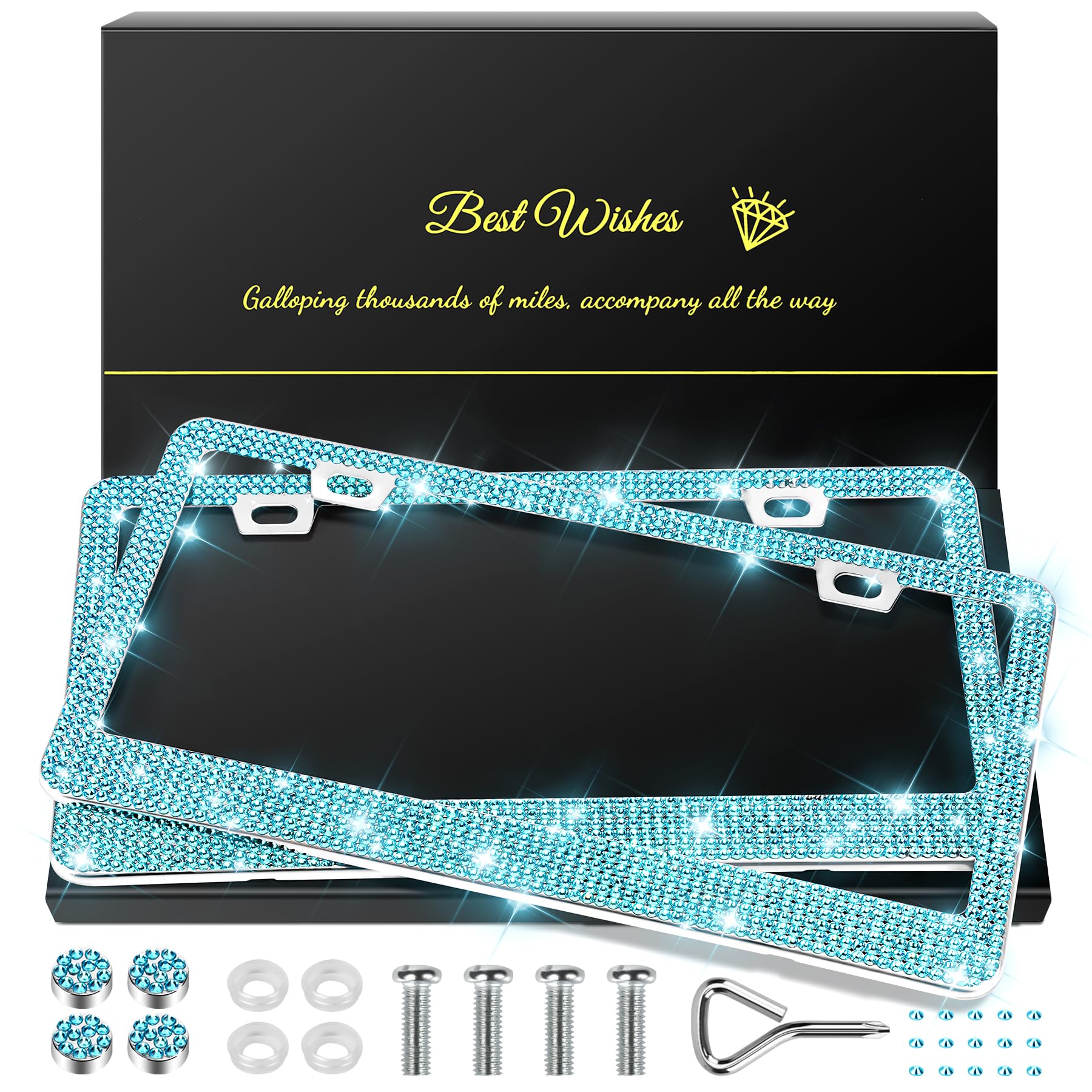 Quanqiufei 2 Pack Bling License Plate Frames For Women, Sparkly Rhinestone Diamond Car Accessories With Glitter Crystal Caps (La