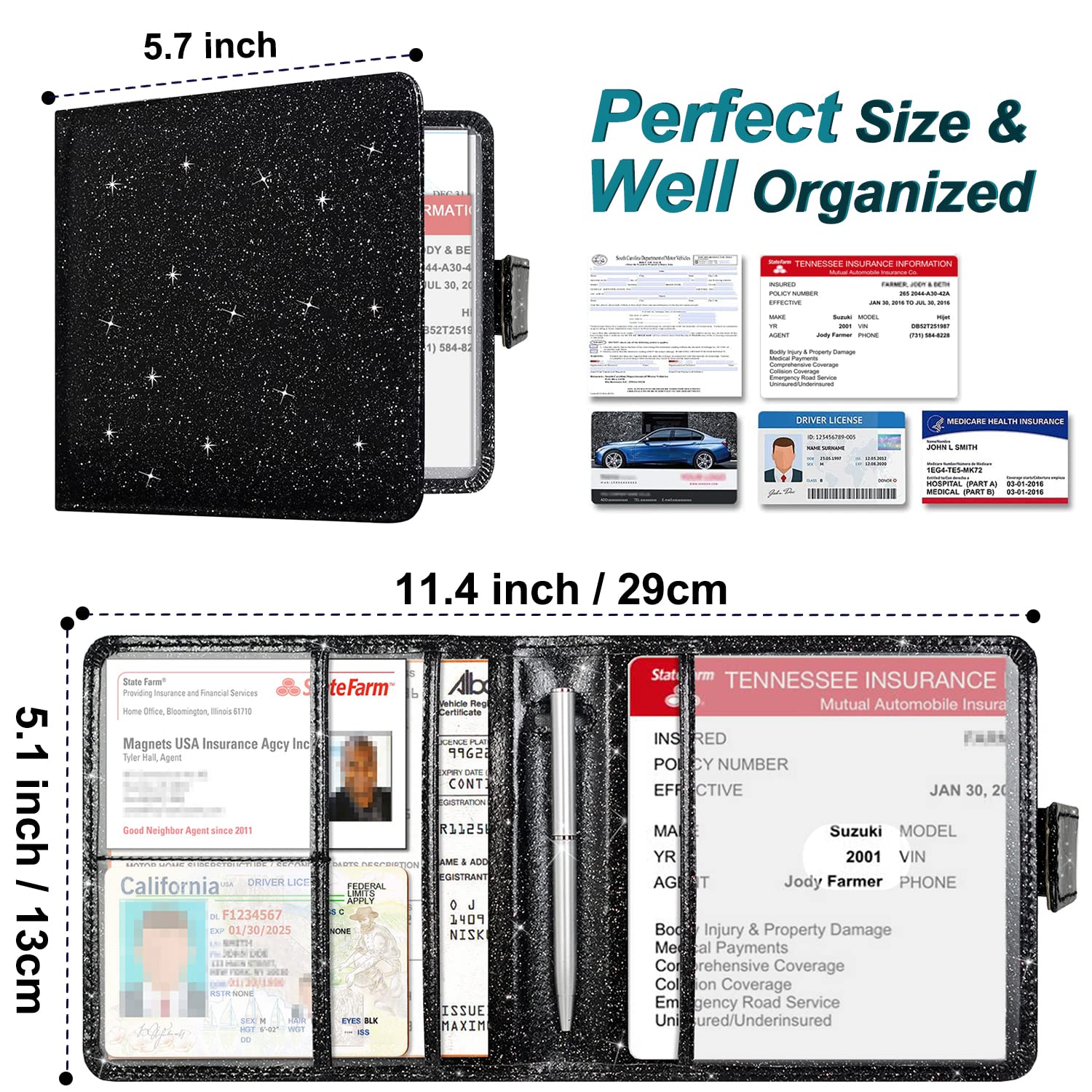 Yaviv Car Registration And Insurance Holder, Premium Leather Car Document Organizer Cool Car Accessories For Cards, Essential Document And Driver License, Black Glitter