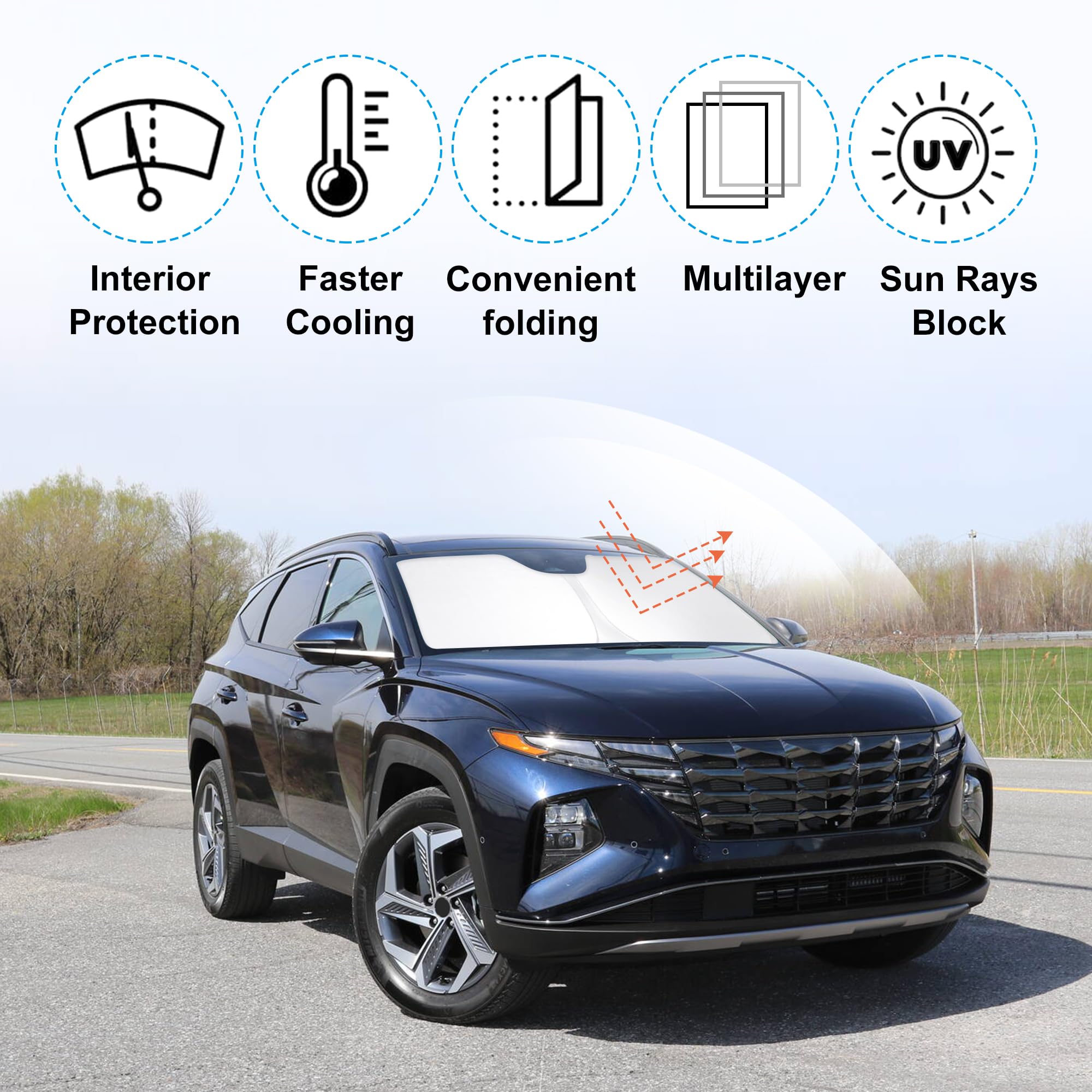 Yycke Windshield Sun Shade Accessories Compatible With 2022-2024 2025 Tucson For Hyundai Foldable Sunshade Sun Visor Blocks Uv