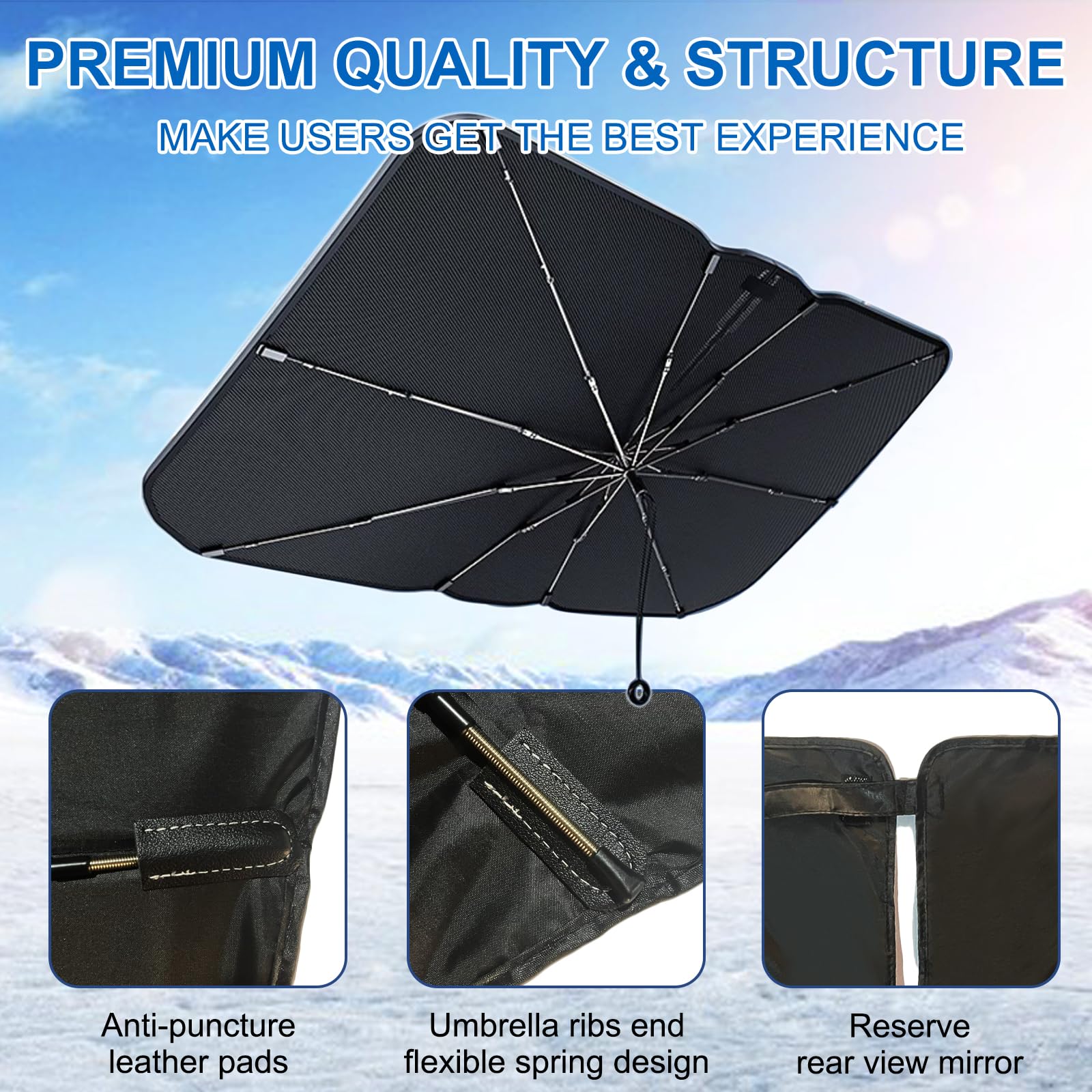 Windshield Sun Shade Umbrella - 5 Layer Ice Crystal Nano Coating UPF50+, Car Sunshades for Windshield with Scratch Resistant Dra