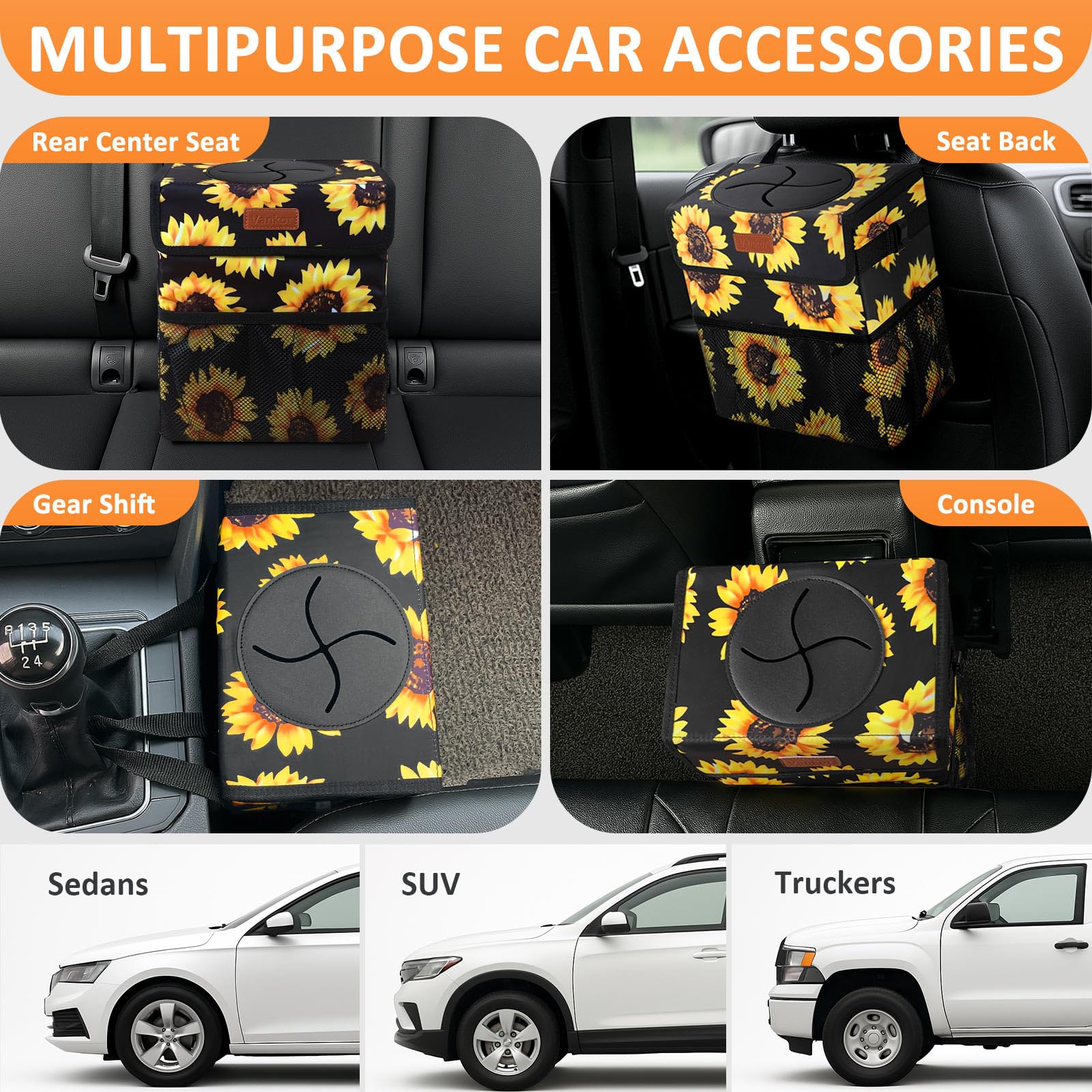 Vankor Cute Trash Can For Automotive Car, Trash Bag Bin Hanging Waterproof Leak Proof Vehicle Garbage Cans Sunflower