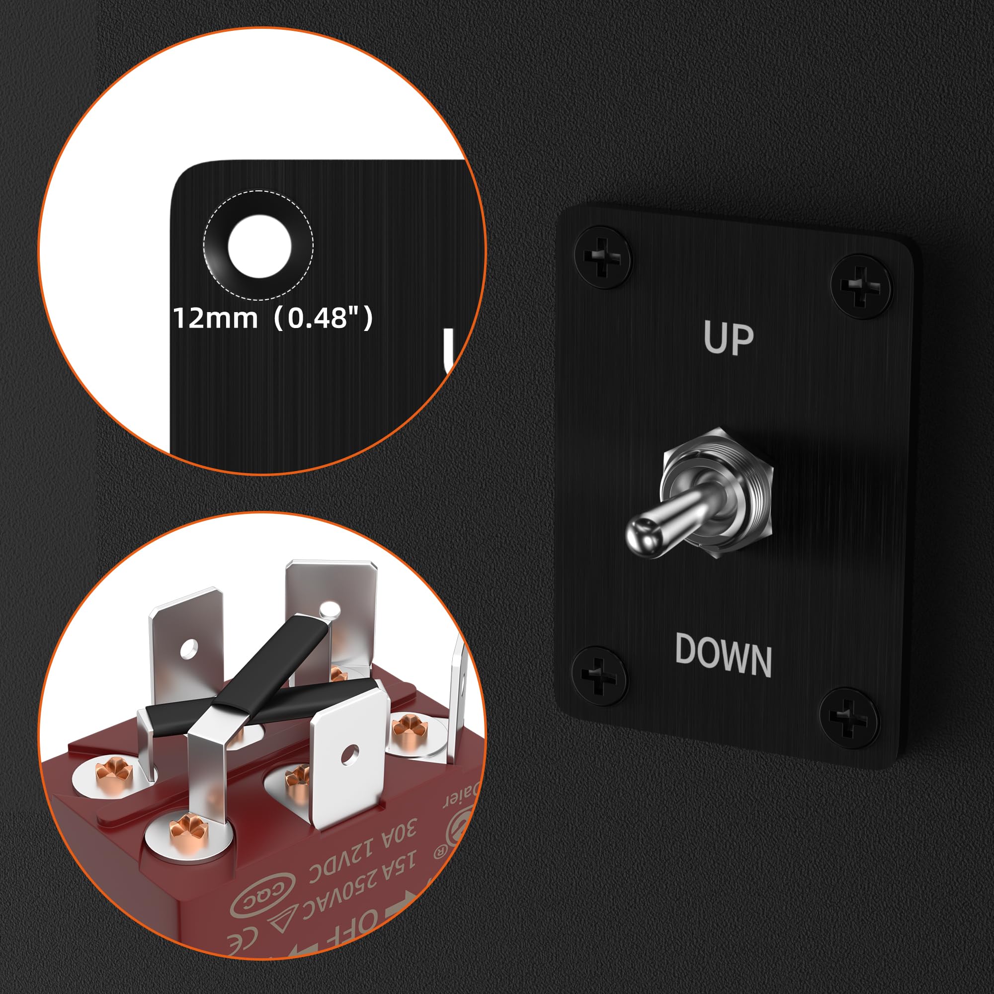 RVBOATPAT Reverse Polarity Toggle Switch 12V 30A, DPDT Momentary (ON)-Off-(ON) Toggle Switch with Up Down Mounting Panel 3 Posit