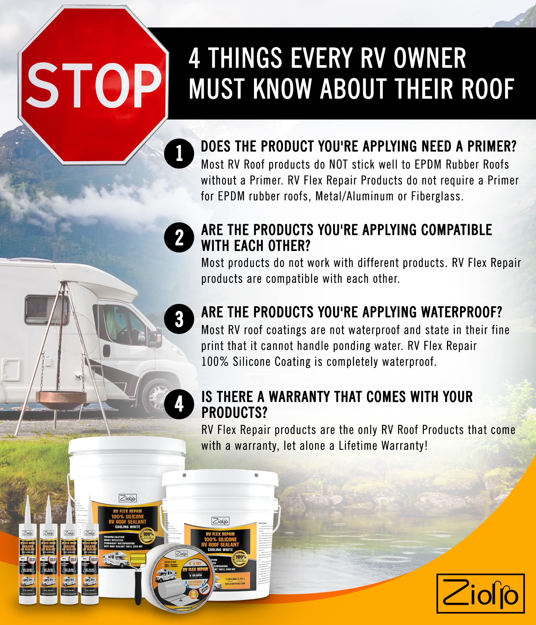 Ziollo Rv Flex Repair 100% Silicone Rv Roof Sealant - Premium Leak Repair & Waterproofing For Motorhomes, Trailers, And Campers - One Coat, No Priming Needed, 1 Gallon
