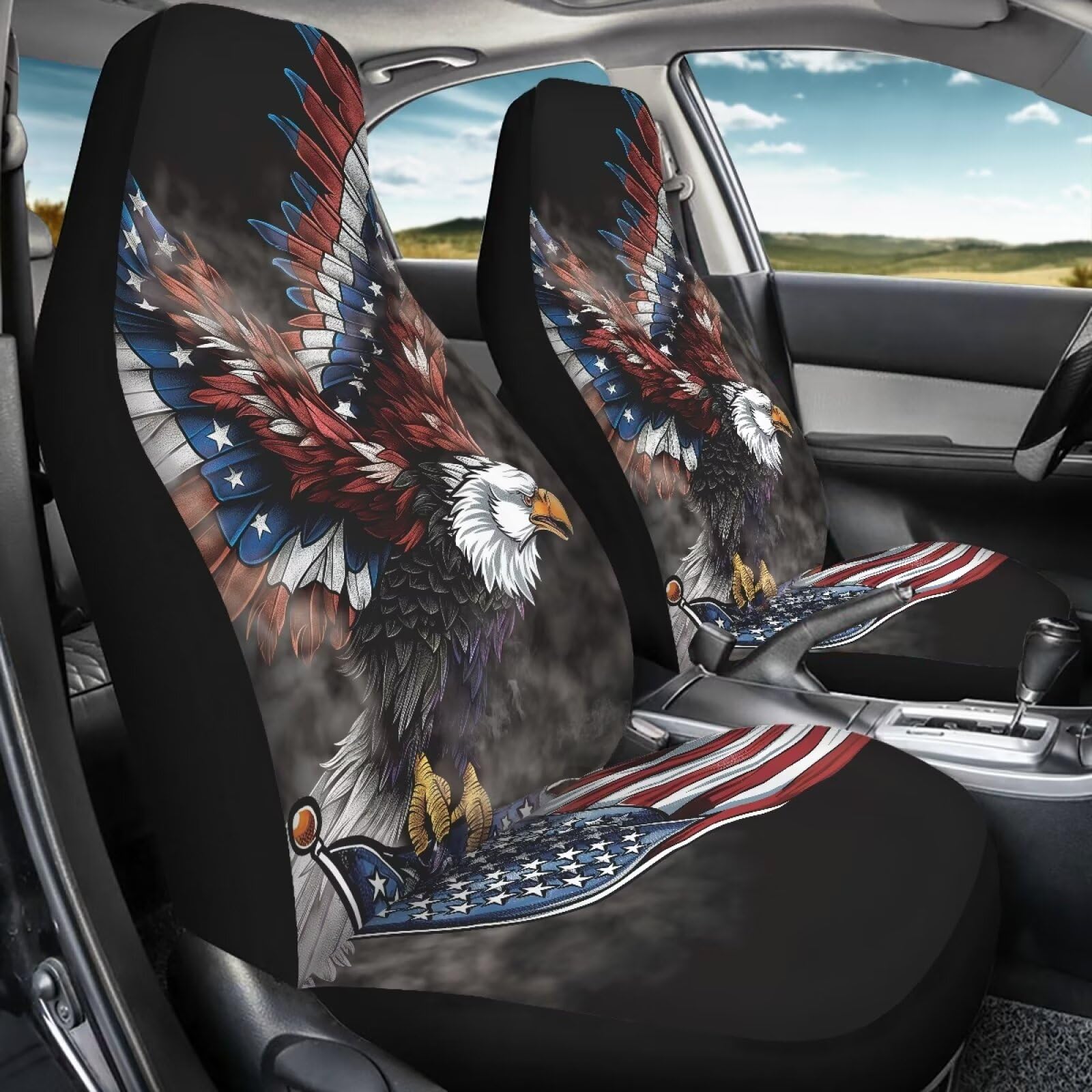 ELEQIN Car Front Seat Covers, Eagle America Flag Universal Seat Protector, Full Cover Fit Most Truck, SUV, Van Interior Decor