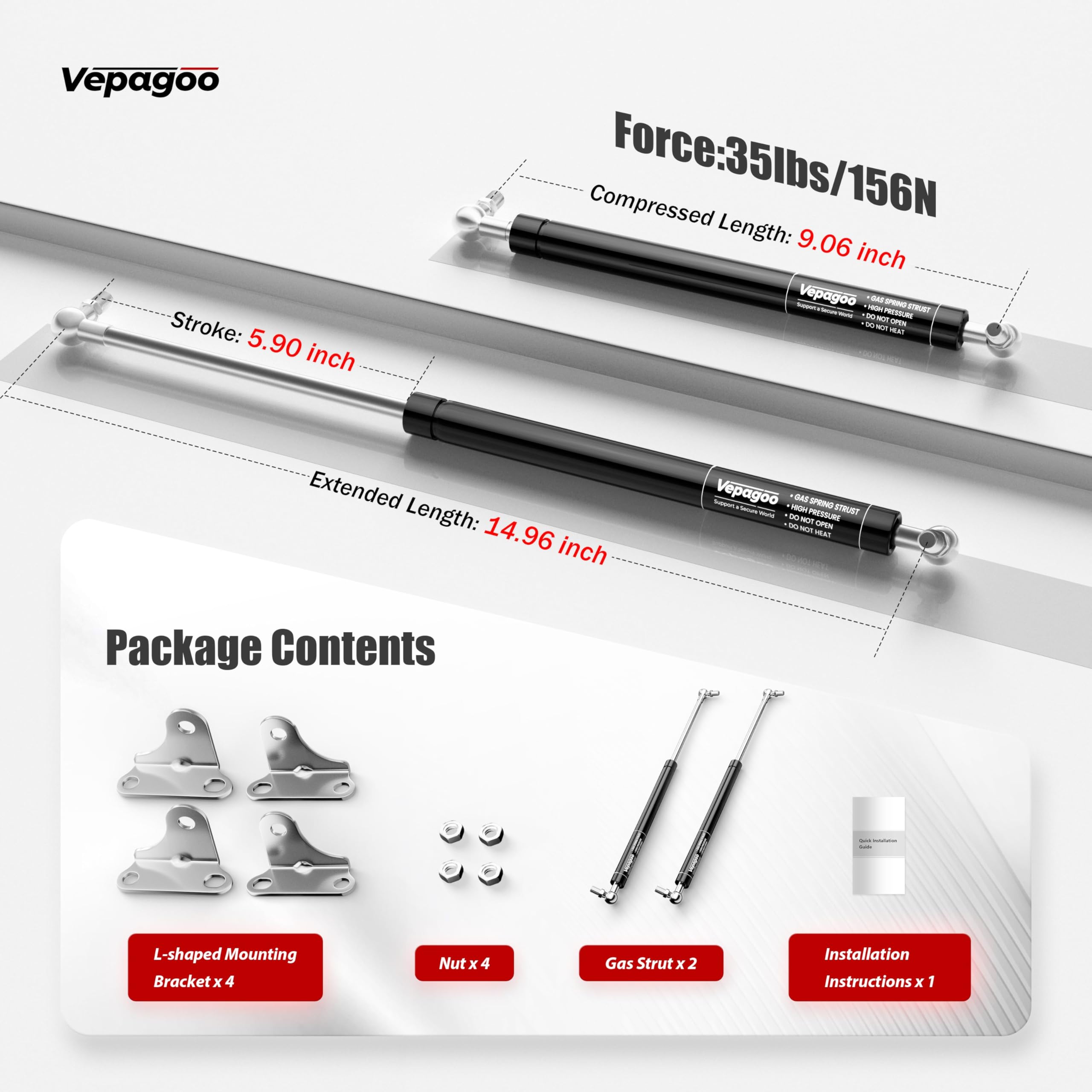 Vepagoo Gas Struts 15 Inch 35Lb/156N Shock With Brackets, Tv Box Storage Lid Trap Door Boat Engine Hatch Lift, Heavy Lid Duty Sp