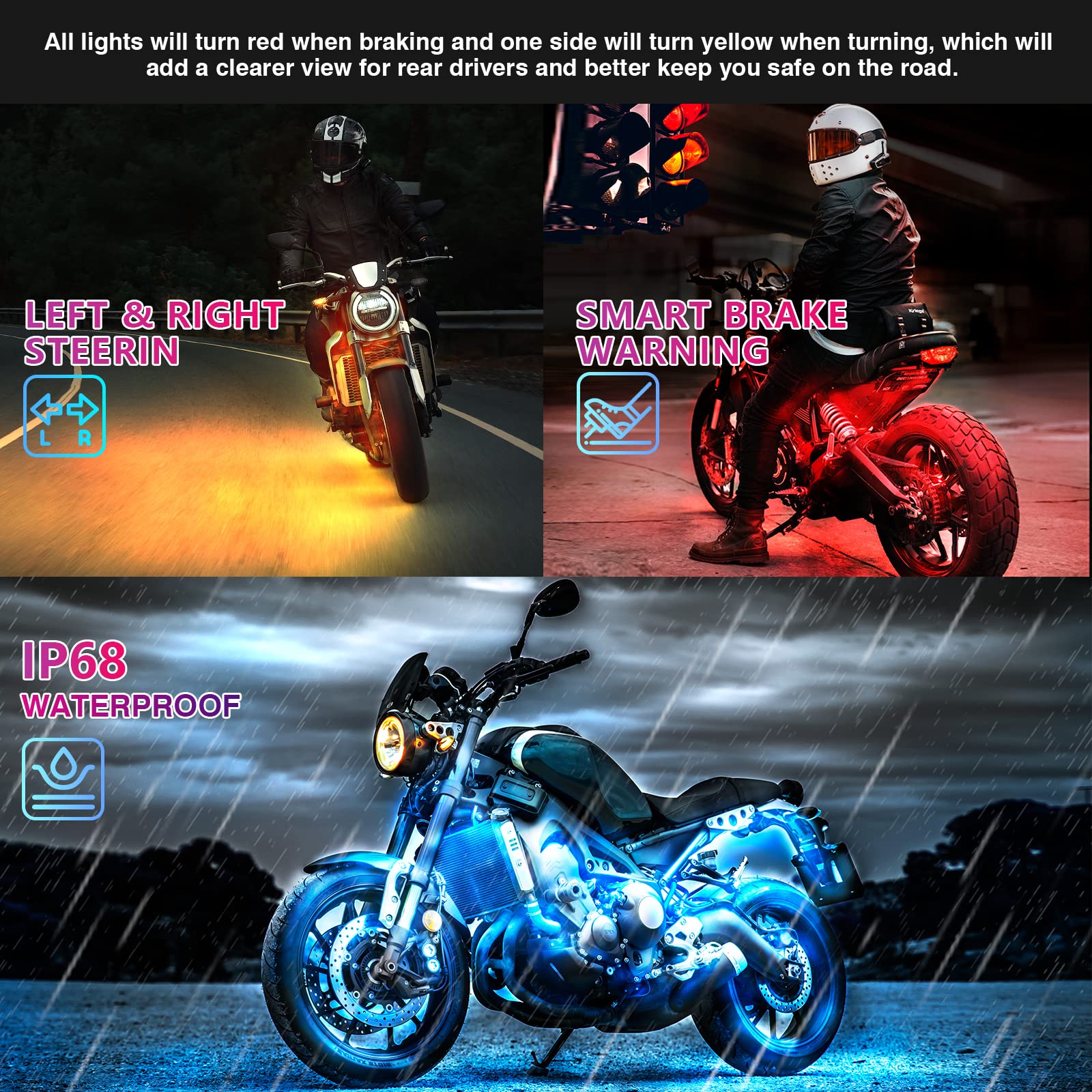 Ld Darkeagle 16Pcs Brights Motorcycle Rgb Led Light Kits With Brake Turn Signal,Underglow Lights With App/Rf Remote Dual Zone,Mu