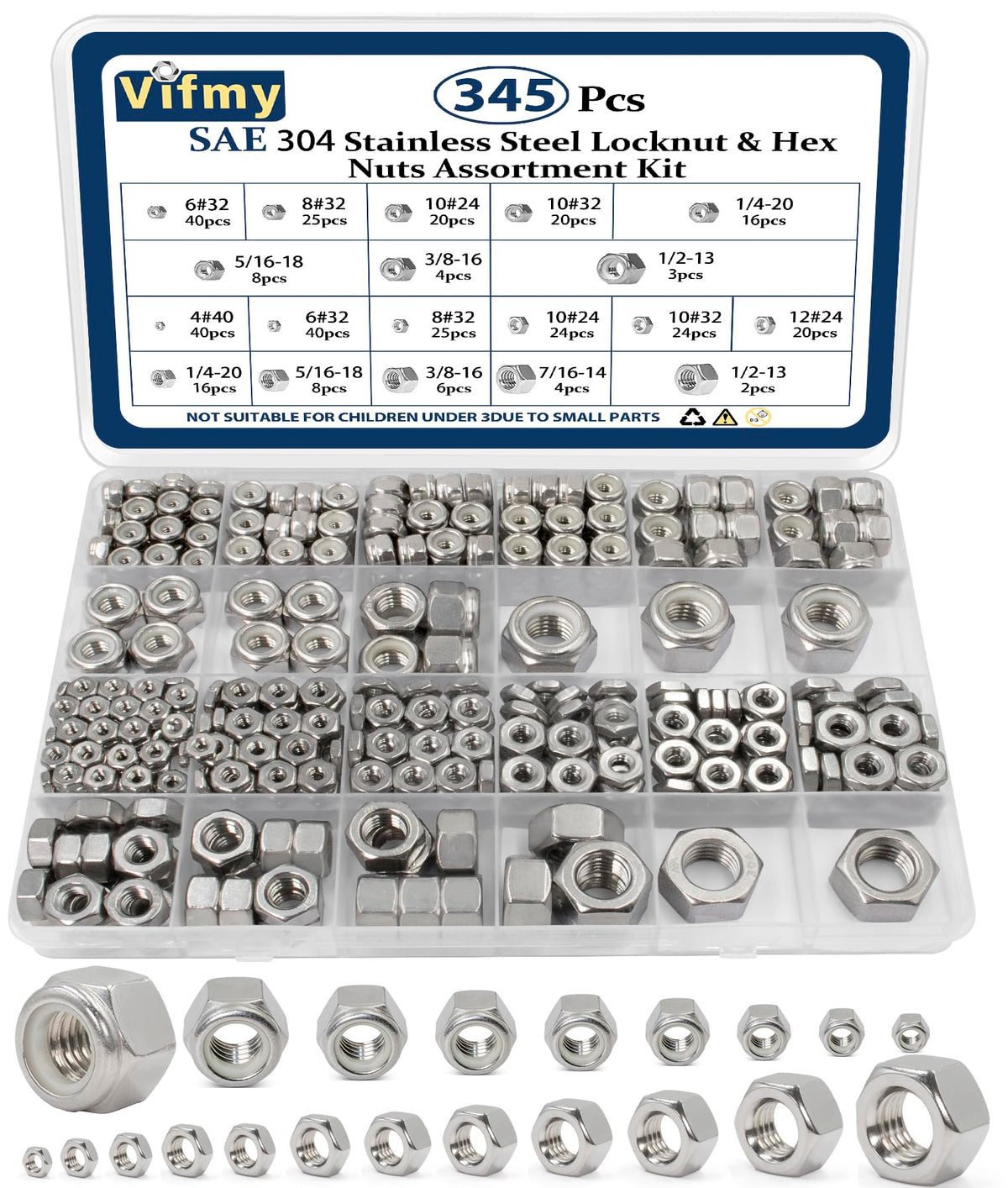 Vifmy Sae Hex Nuts & Locknuts Assortment Kit (345Pcs), 4#40 6#32 8#32 10#24 10#32 12#24 1/4-20 5/16-18 3/8-16 7/16-14 1/2-13 304 Stainless Steel Hardware Set, Hex Nuts Assortment With Nylon Lock Nuts