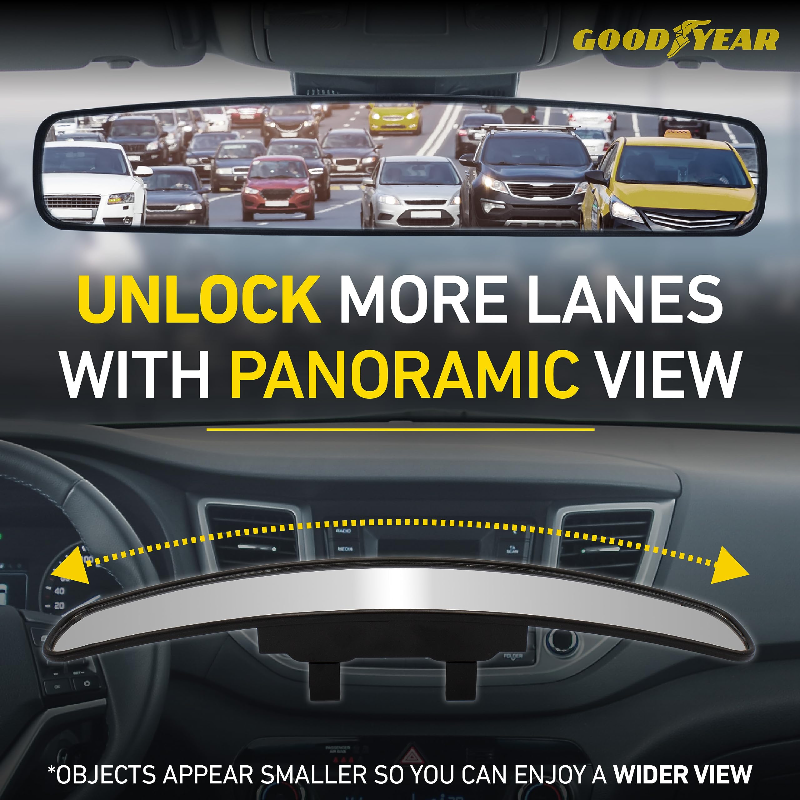 GOODYEAR [SUPER LARGE] 17    Panoramic Rear View Mirror for Cars/SUVs, [PROMOTES SAFETY] Helps with PARALLEL PARKING, Fits ALL V