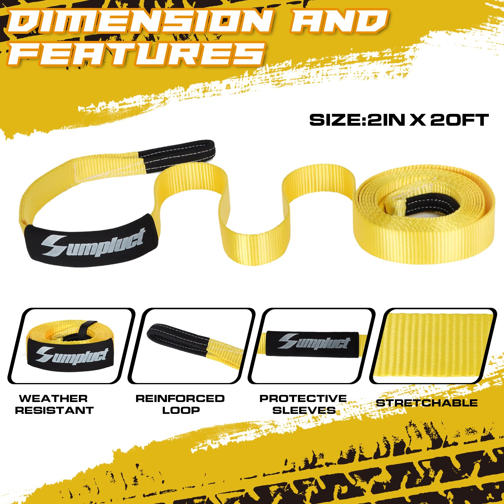 Sumpluct Recovery Tow Strap 2In X 20Ft Exceed Heavy Duty 25,000 Lbs Break Strength, Use For Emergency Towing Rope, Tree Saver, W