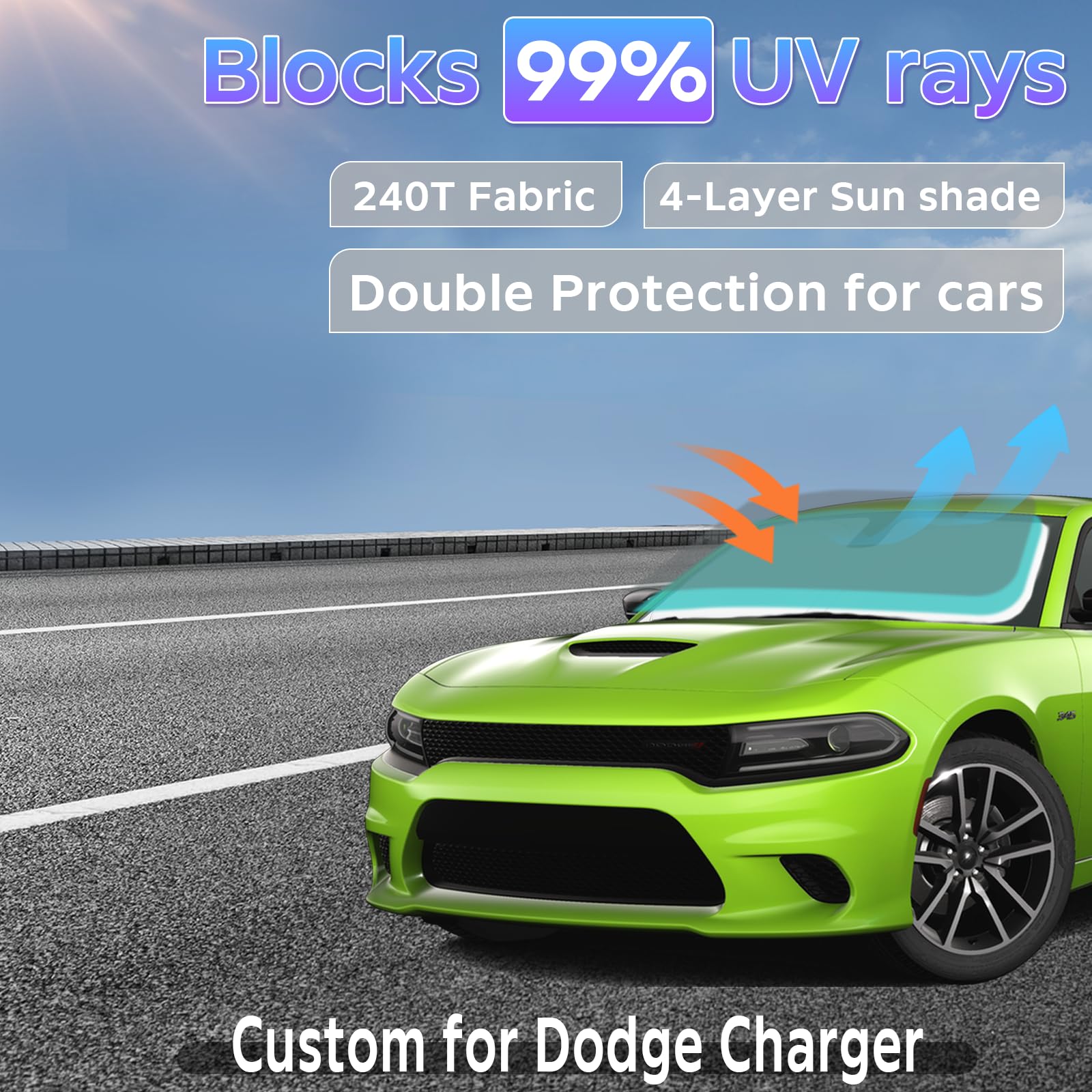 Sun Shade Sunshade For Dodge Charger 2011-2024 2025 Windshield Cover, 2-Layers Sun Shield 240T Silver Sun Visor Foldable Window