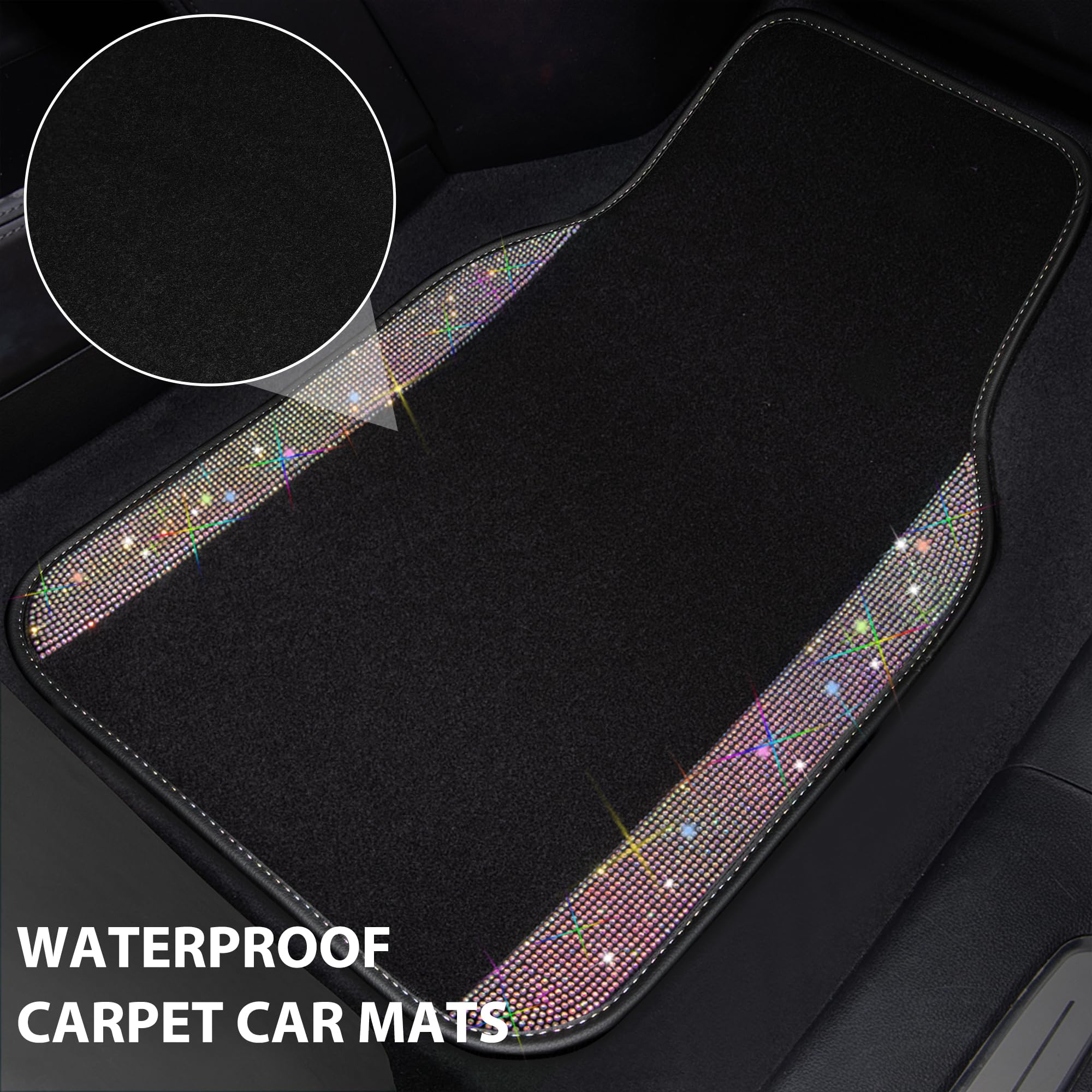 Car Pass Iridescent Bling Rhinestones Diamond Car Floor Mats Waterproof, Anti-Slip Pvc Heel Pad, Universal For Automotive Suv,Sedan,Van,4Pcs Girl Women Lady(Multicolor Colorful Crystal Sparkly Shining