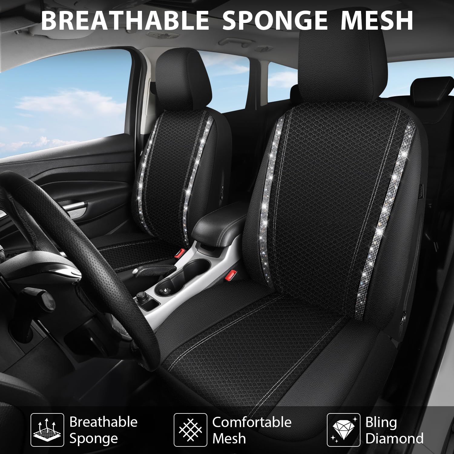 Car Pass Mesh Bling Diamond Car Seat Cover 2 Front Interior Sets Lined Sponge, Breathable Universal Shining Glitter Sparkly Crys