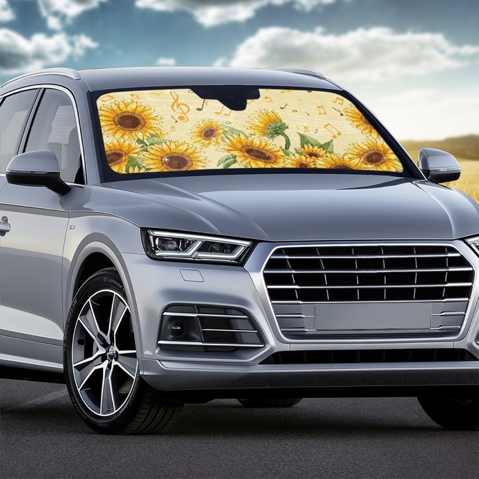 FOR U DESIGNS Sunflower Print Windshield Sun Shade Blocks UV Rays, Car Front Window Sunshade Heat Protection, Auto Sun Visor Kee