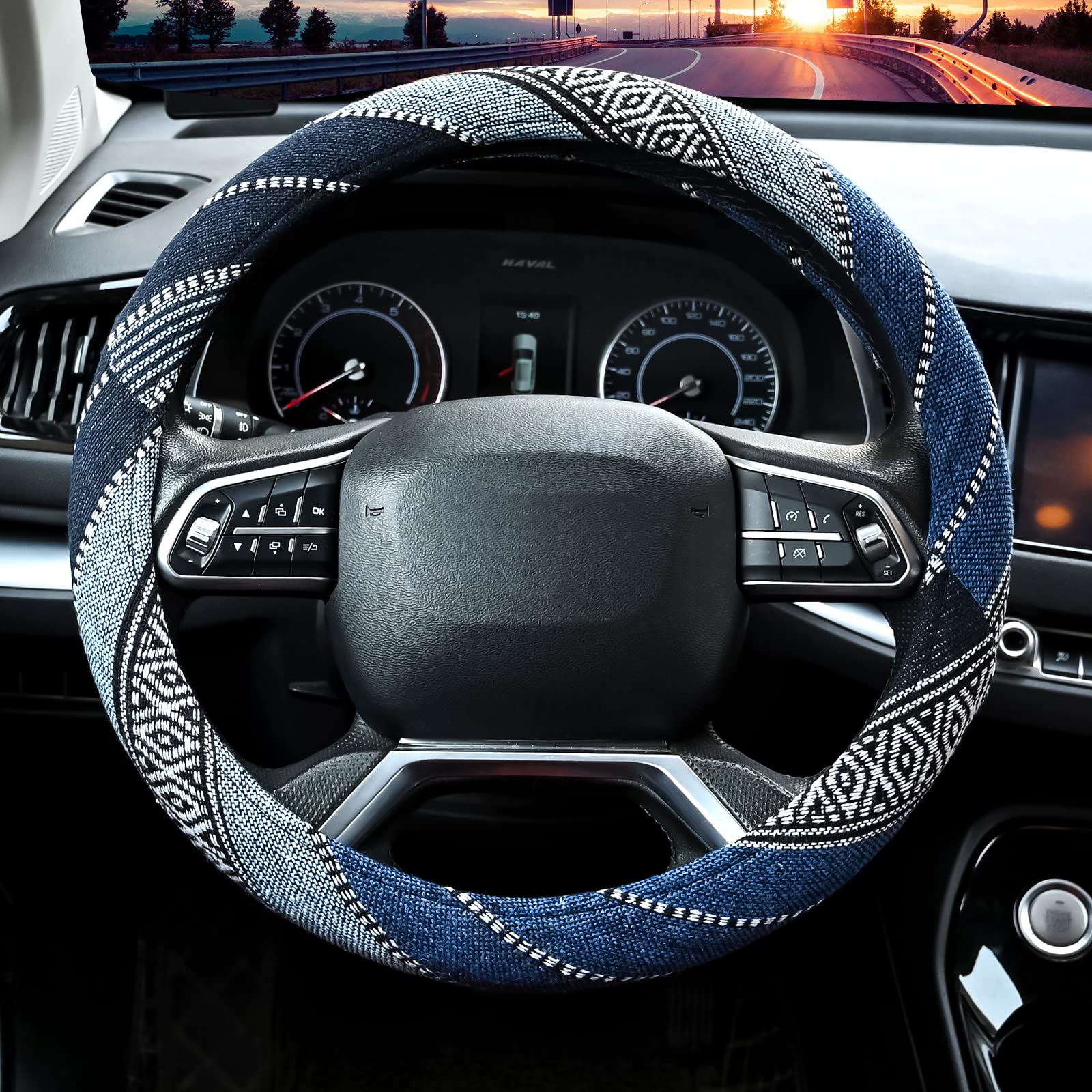 Valleycomfy Cloth Steering Wheel Covers For Women Bohemian Universal 15 Inch Baja Blanket Enthic Blue
