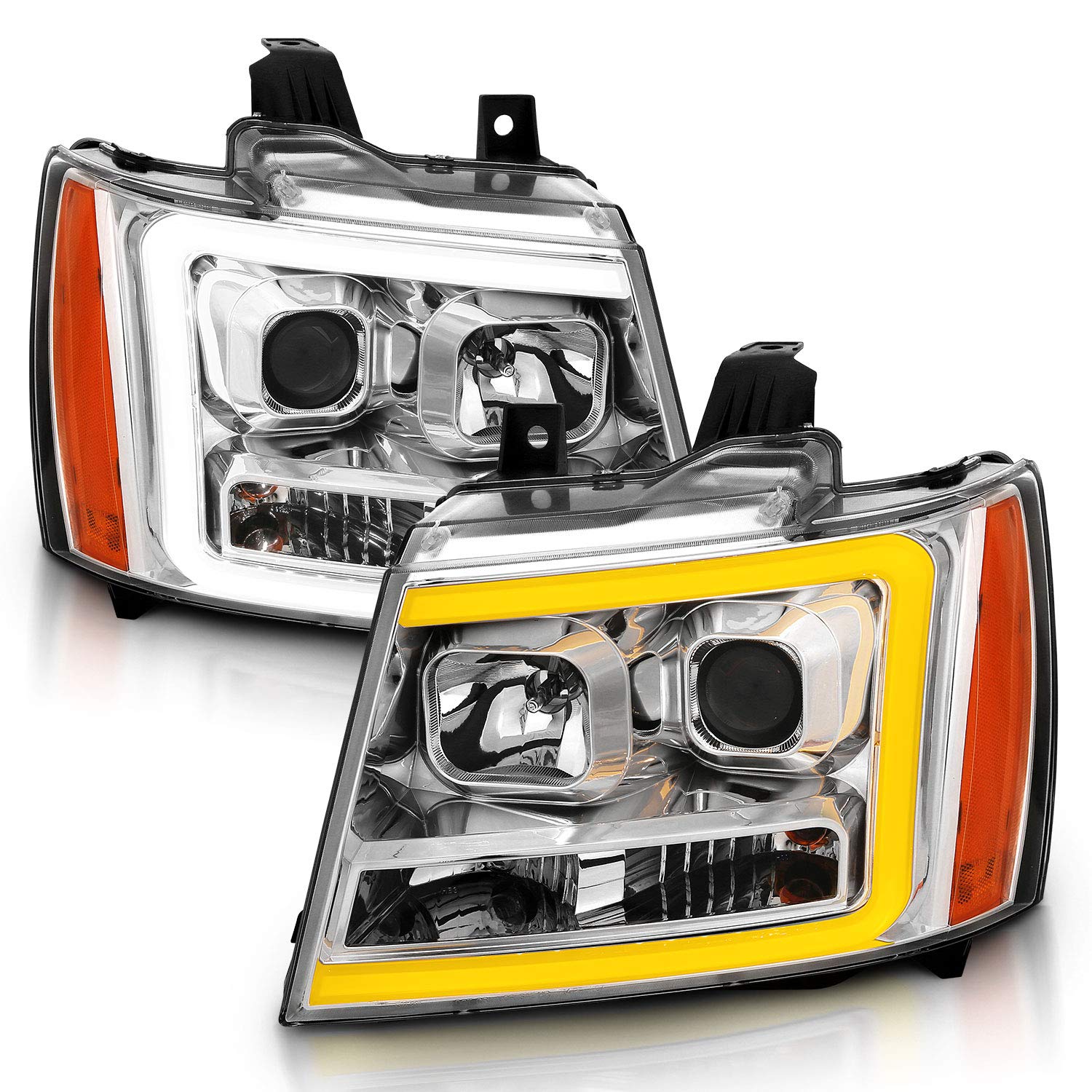 Amerilite For 2007-2013 Chevy Avalanche/Suburban/Tahoe Switchback Led Turn Siganl Tube Chrome Projector Headlights Assembly Pair