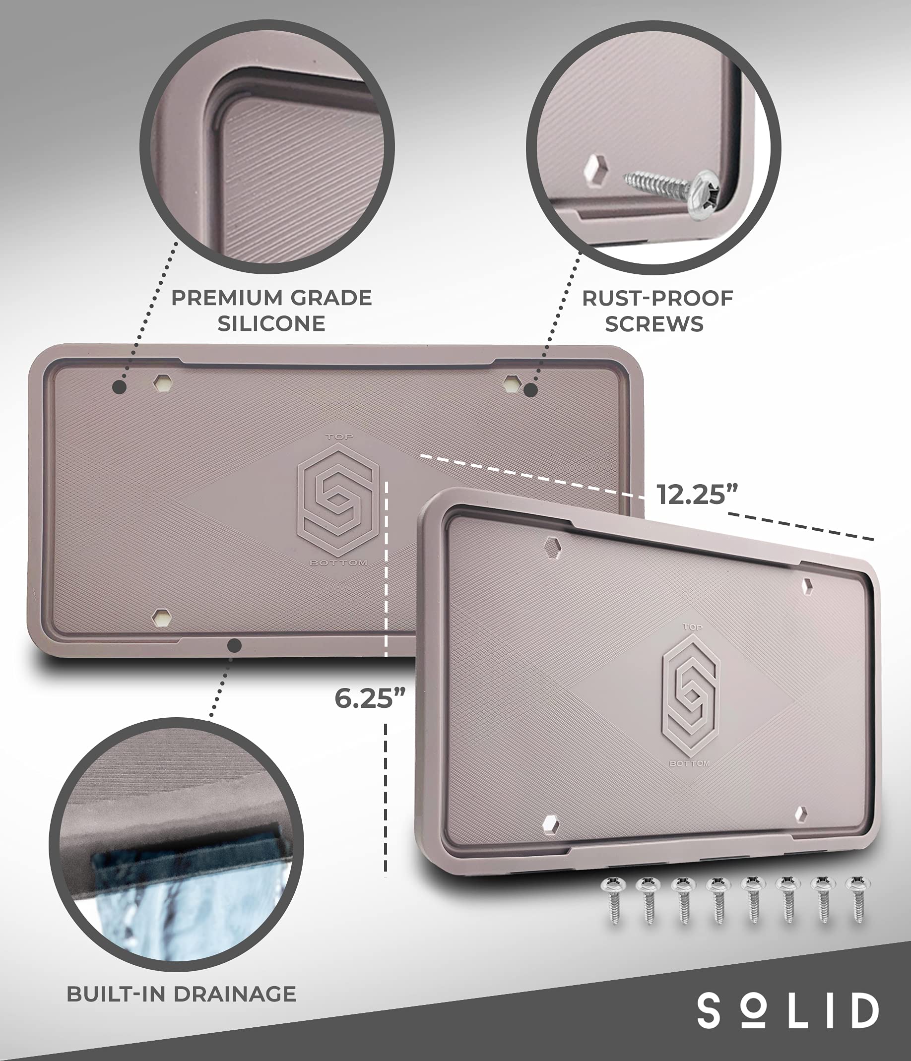 Solid Silicone License Plate Frame Covers 2 Pack - Rust-Proof, Weather-Proof, Grey, Model 851290007527