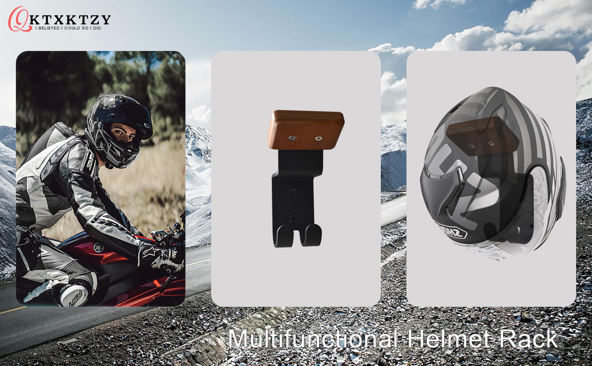 Helmet Holder Wall Mount, Motorcycle Gear Rack with 2 Key Hooks, Constructed with Solid Wood & Strong Steel for Bike Tactical Ge