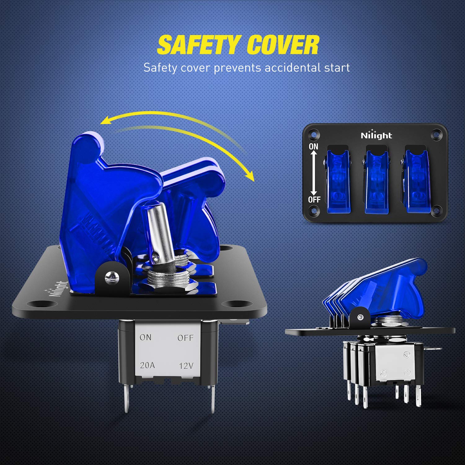 Nilight 3 Gang Toggle Switch 12V Rocker Switch Panel With Led Light And Flip Cover Heavy-Duty On/Off Switch Plate 3 Pin Spst Roc