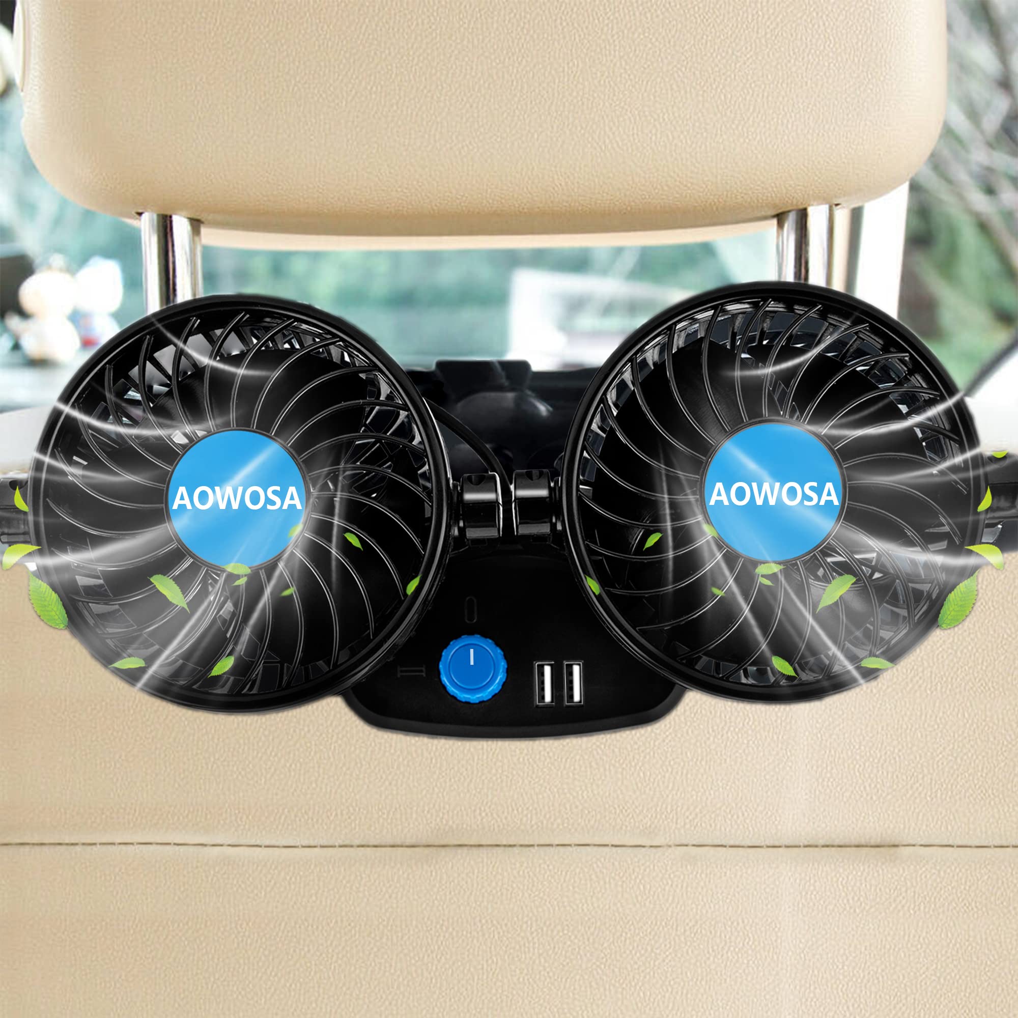 Car Fans 12V Electric Cooling Rear Seat Headrest Vehicle Fan With Cigarette Lighter Plug 2 Speed, 360 Degree Adjustable Dual Hea