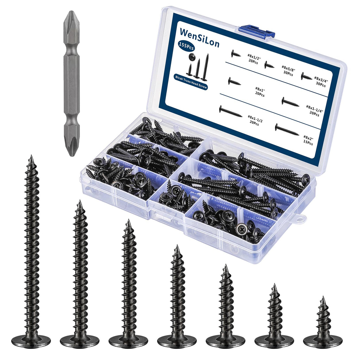 Wensilon #8 Black Truss Head Wood Screws Quick Metal Self Tapping Zinc Oxide Assortment Kit