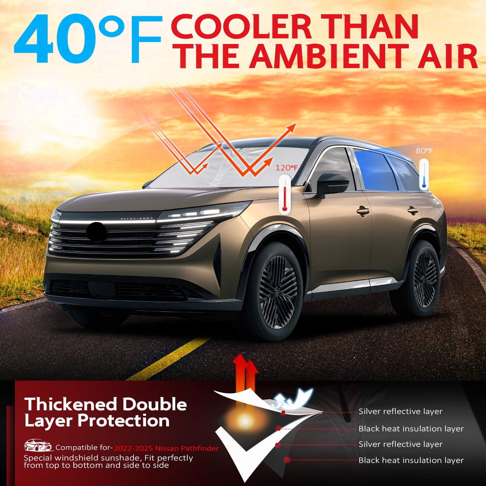 Kayzt Windshield Sun Shade For 2022-2025 Nissan Pathfinder Foldable Sunshade Front Window Custom Fit Car Accessories