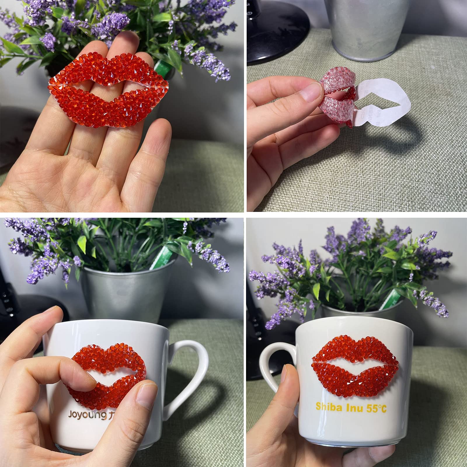 Hungmieh 2Pcs Car Decals For Women, Bling Rhinestone Red Lip Stickers And Decals With Self-Adhesive Backing For Car Interior&Ext