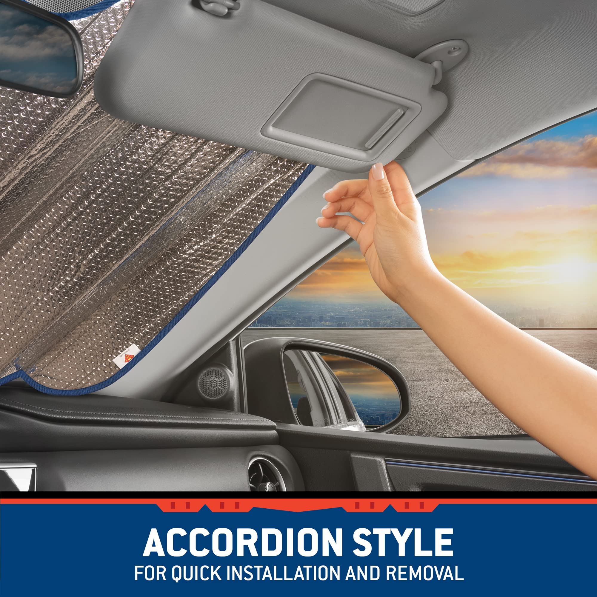 BDK Warner Bros DC Comics New Superman 2022 Car Accessories, Accordion Folding Windshield Sun Shade, UV Block Double Bubble Car Window Shades, 58 x 27 in, Keeps Vehicle Cool, Protects from Sun Damage