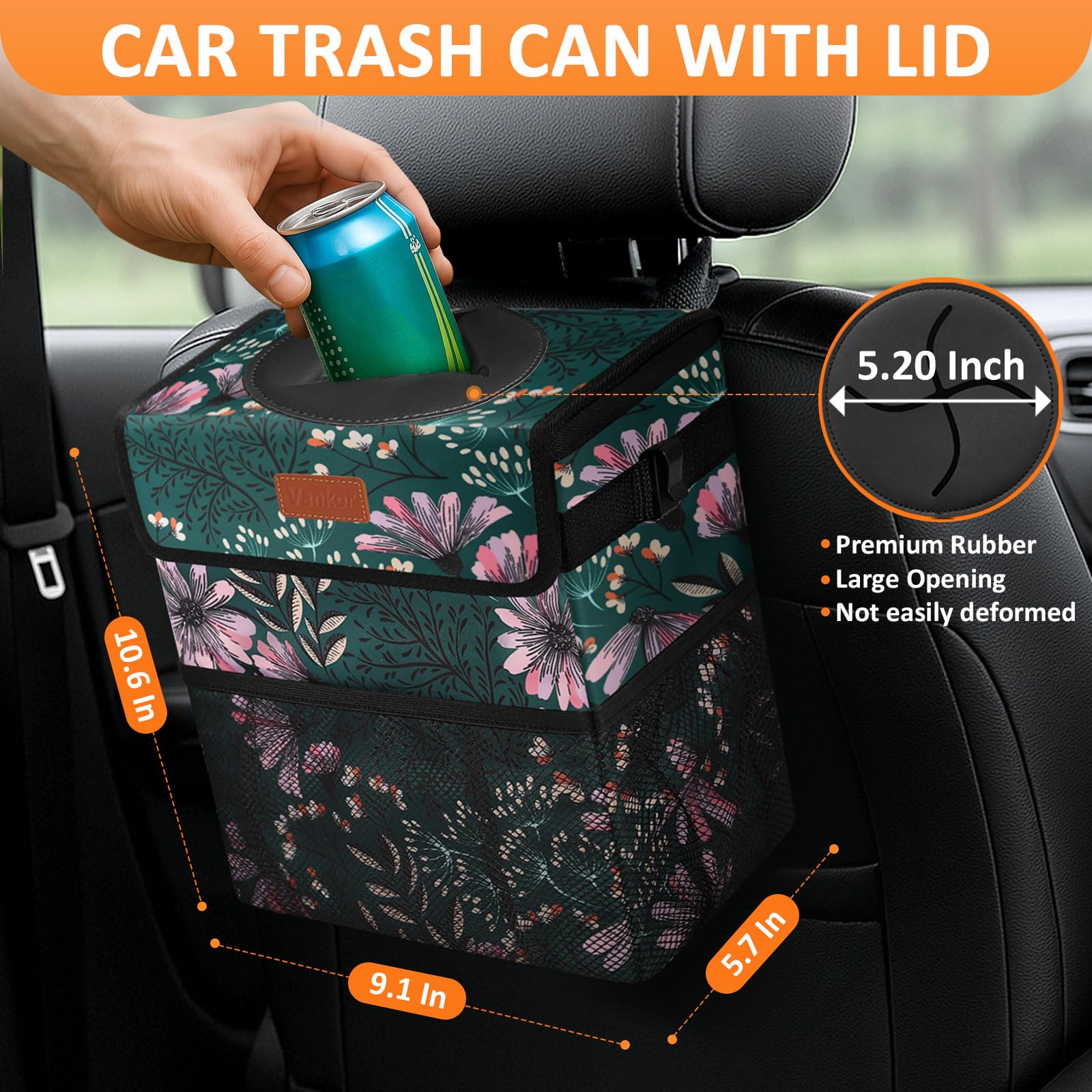 Vankor Car Trash Can For Cute, Bag Bin Hanging Waterproof Automotive Garbage Cans Leak Proof Vehicle Navy Floral