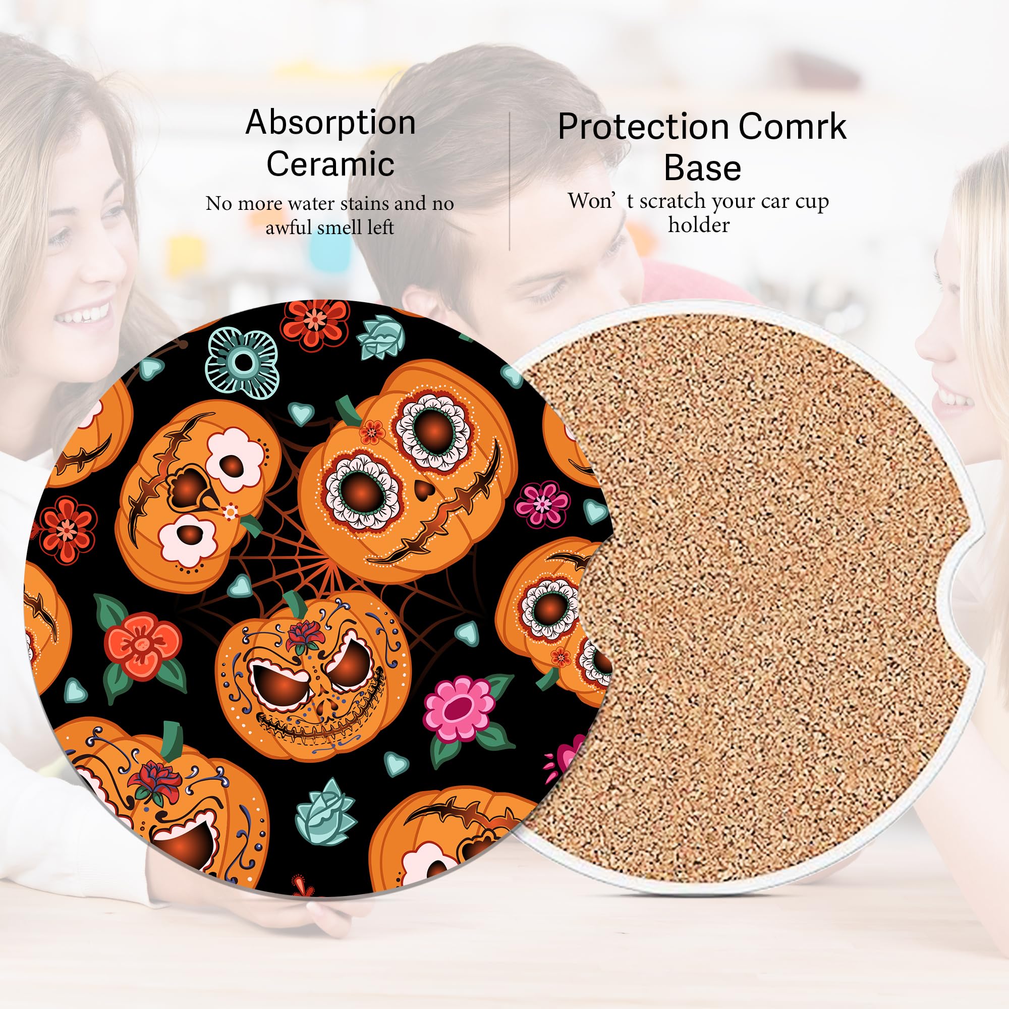 Halloween Spider Web Pumpkin Car Coasters For Cup Holders, Car Accessories, 2 Pack Absorbent Ceramic Car Cup Holder Coasters For