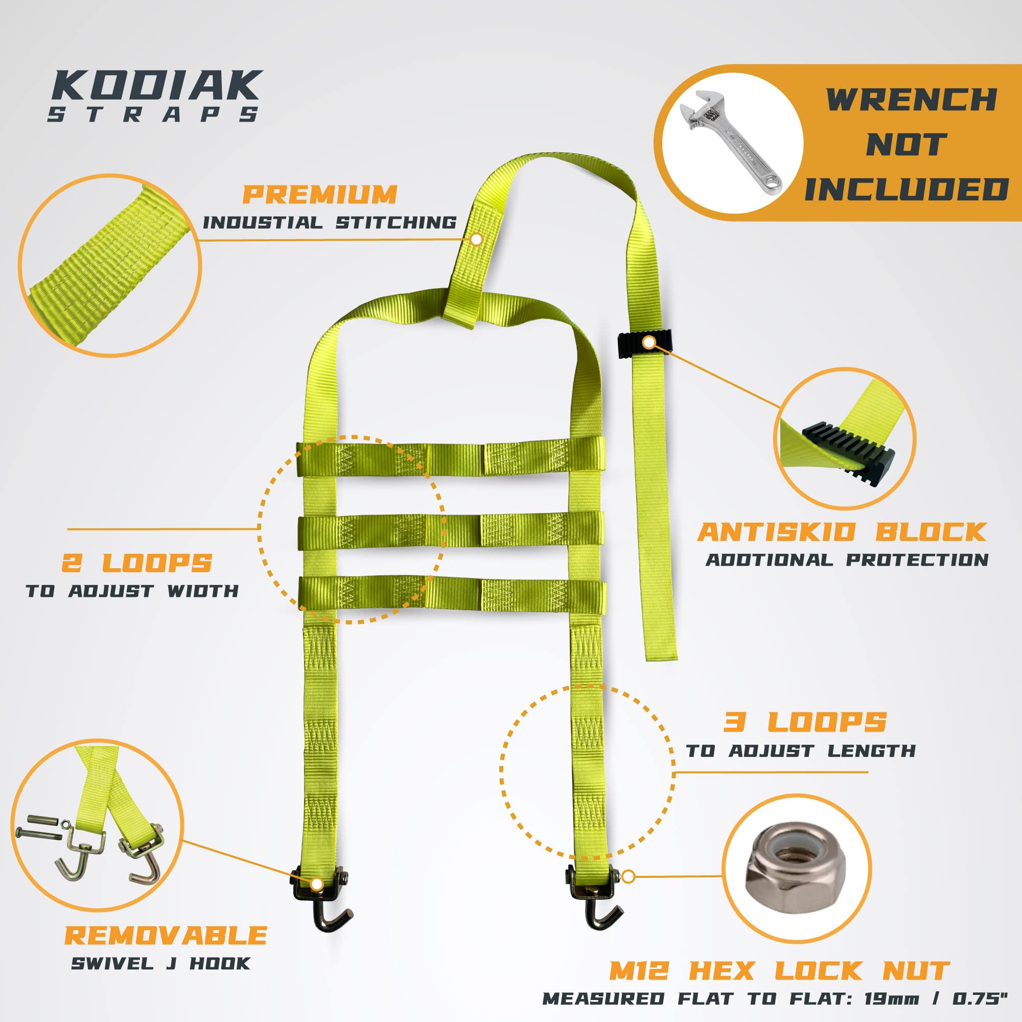 KODIAK STRAPS Adjustable Wheel Net Tow Basket Straps with Swivel J Hooks (2 Pack) - Universal for 14''-22'' Tires - Strap for Do