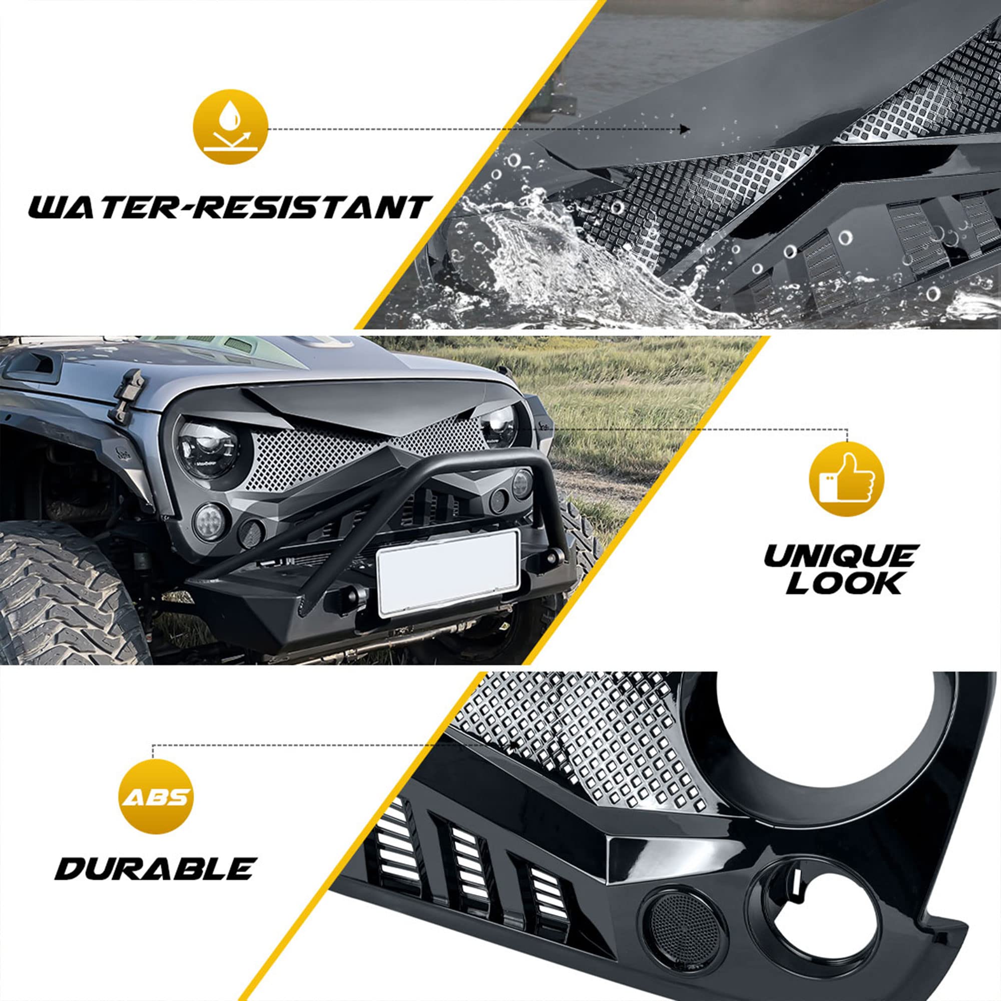 American Modified Hawke Easy Installation Aggressive Front Grille Cover For 2007 To 2018 Jeep Wrangler Jk, Glossy Black