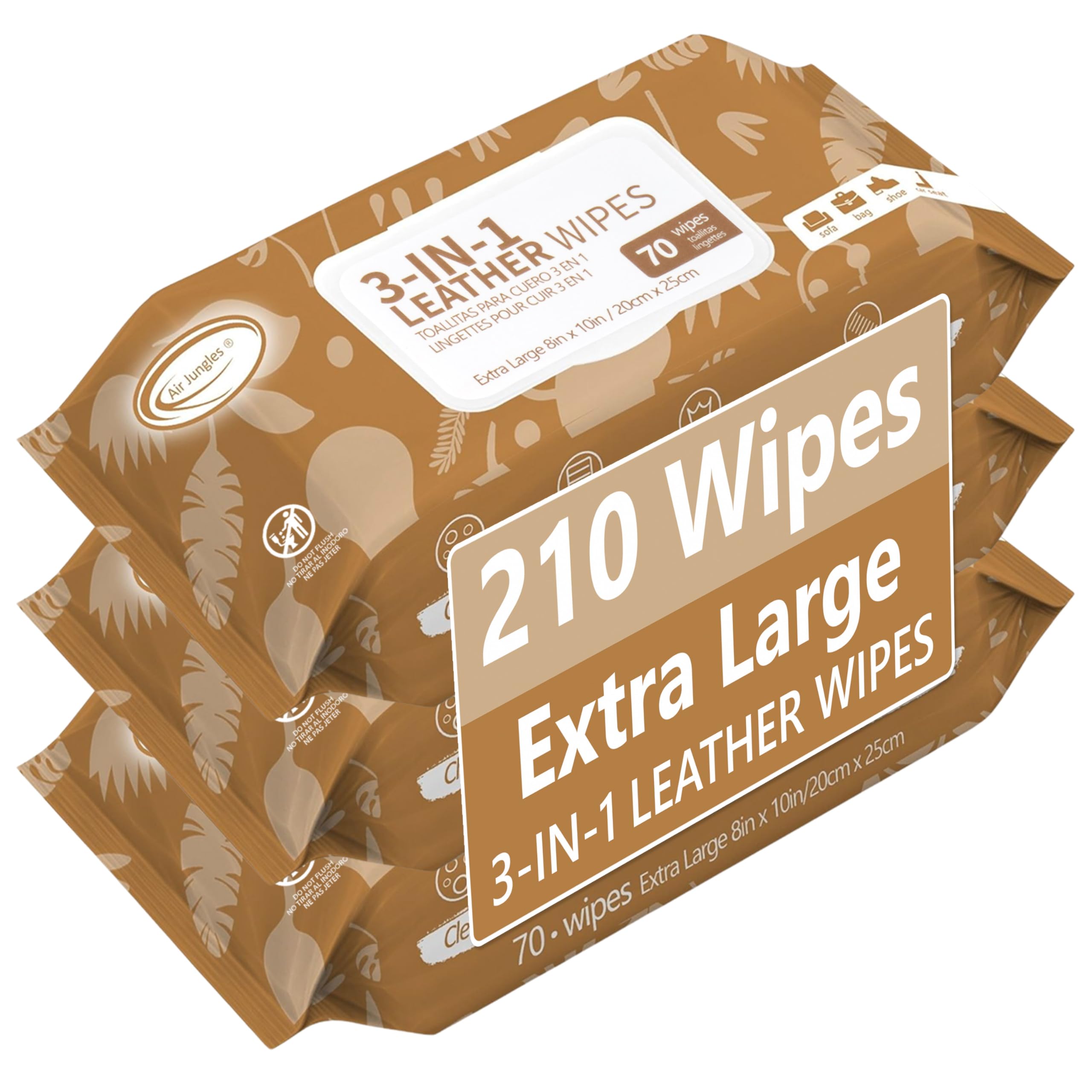 Air Jungles 3In1 Leather Cleaner Wipes 70 Count (Pack Of 3), Extra Large 8'' X 10'' Size, Clean Condition Protect Wipes For Viny