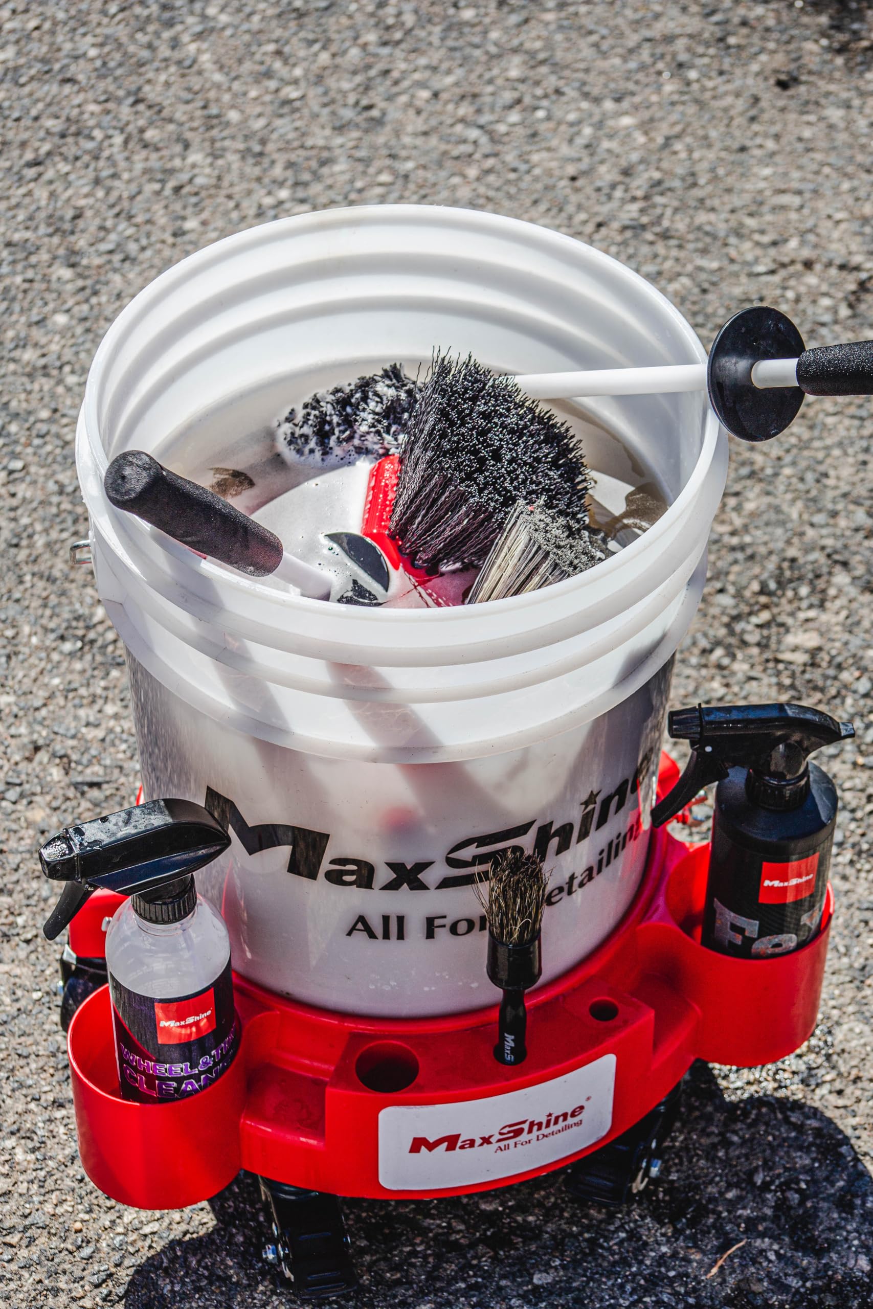 Maxshine Universal 5 Gallon Red Rolling Bucket Dolly with White Decal - Heavy-Duty with 5 Wheels & 2 Locking Casters - Organizer