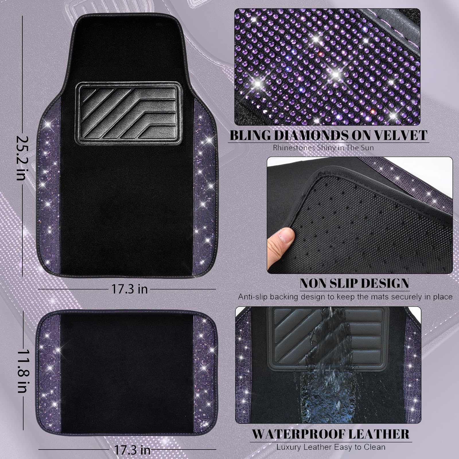 Car Pass Bling Rhinestones Diamond Car Floor Mat, Crystal Sparkly Shining Glitter Carpet, Waterproof Anti-Slip Pvc Heel Pad Univ