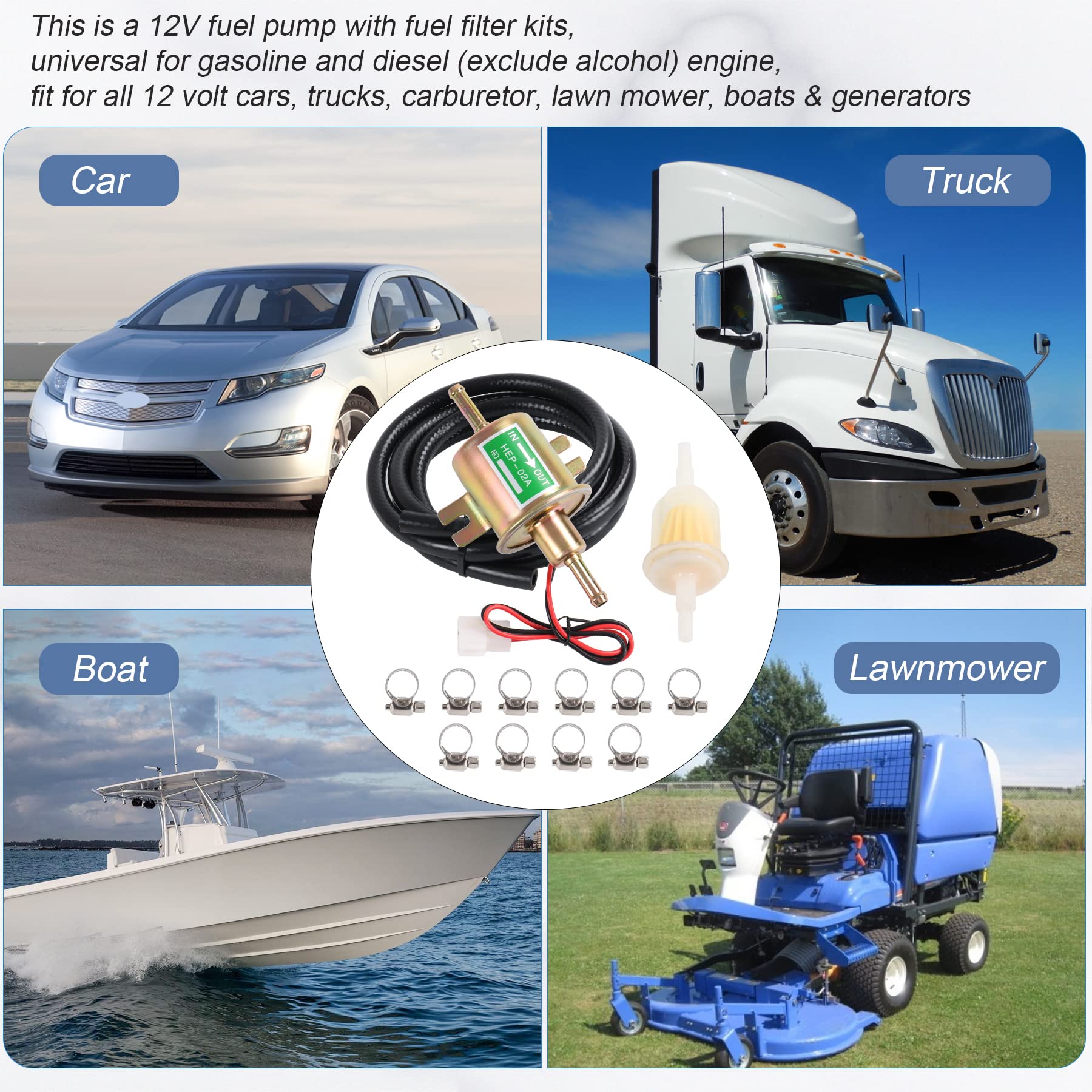 Universal Electric Fuel Pump Kit 12V 3-6 Psi Low Pressure With Fuel Filters 10 Hose Clamps 6.56 Ft 5/16'' Id Fuel Line Replaceme