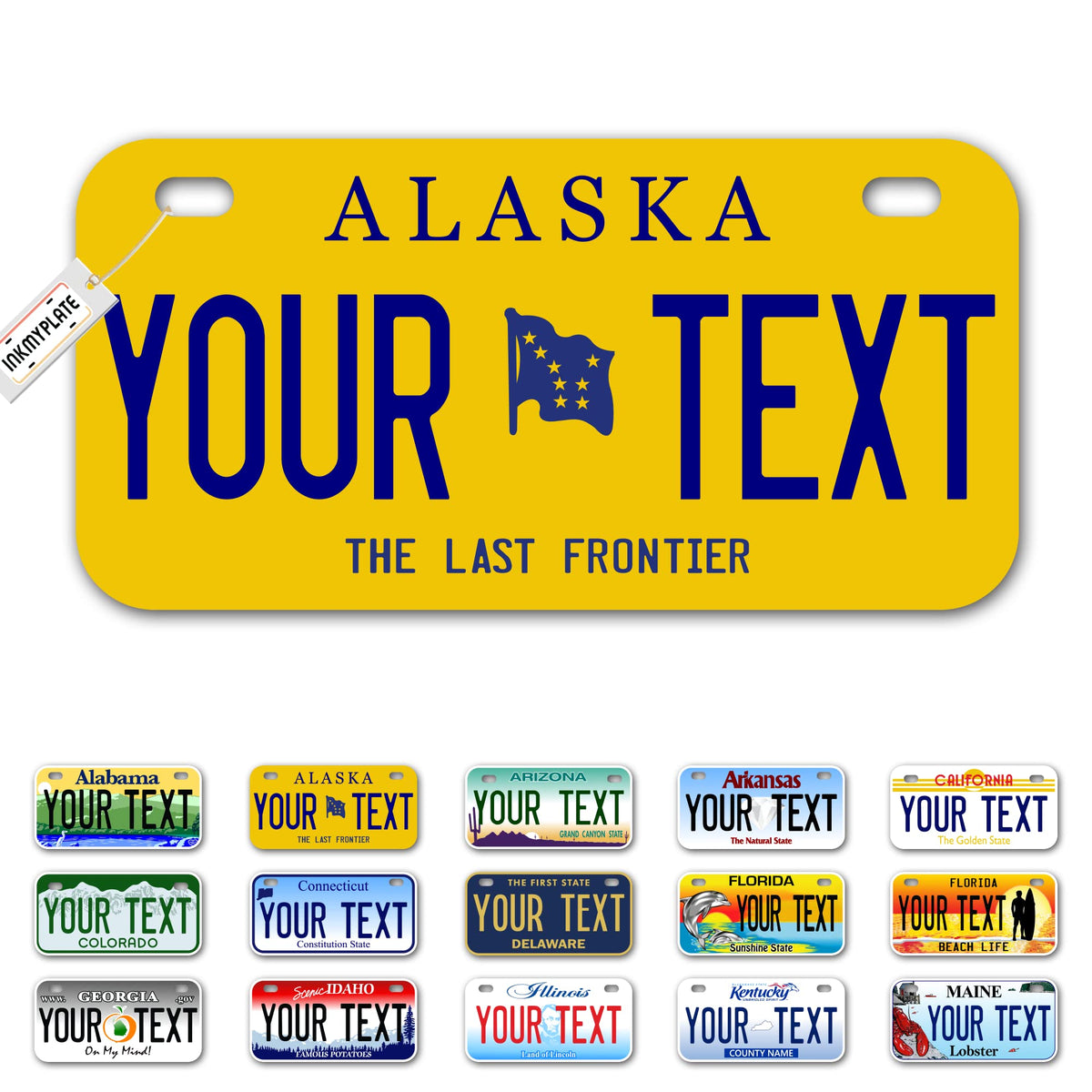 Inkmyplate Personalized Alaska Small License Plate | Bike 6X3 Inch | Select From All 50 States | 3 Sizes | Custom License Plates
