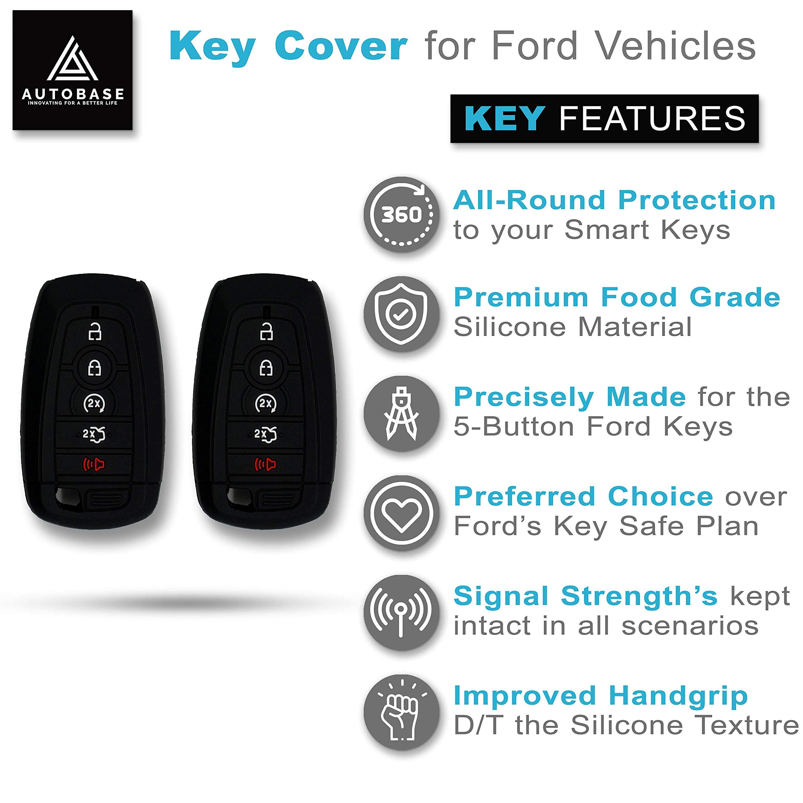 Autobase Silicone Key Fob Cover Compatible With 2025 2024 Ford Explorer Mustang Expedition Bronco F-150 Raptor Fusion F250 F350