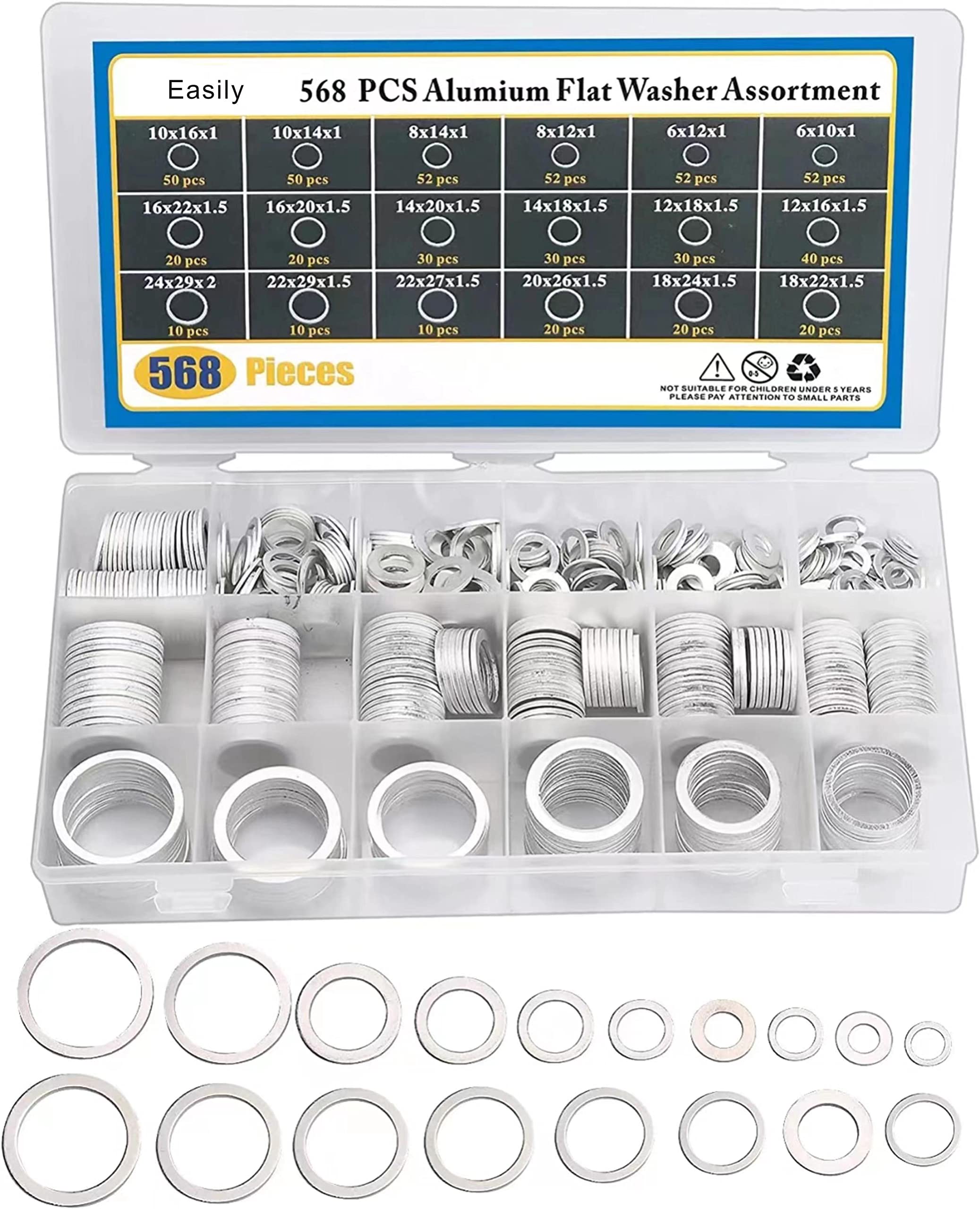 Crush Washer Oil Drain Plug - 568 Pieces 18 Sizes Aluminum Automotive Engine Oil Pan Drain Plug Gasket Assortment Kit (M6 M8 M10 M12 M14 M16 M18 M20 M22 M24)