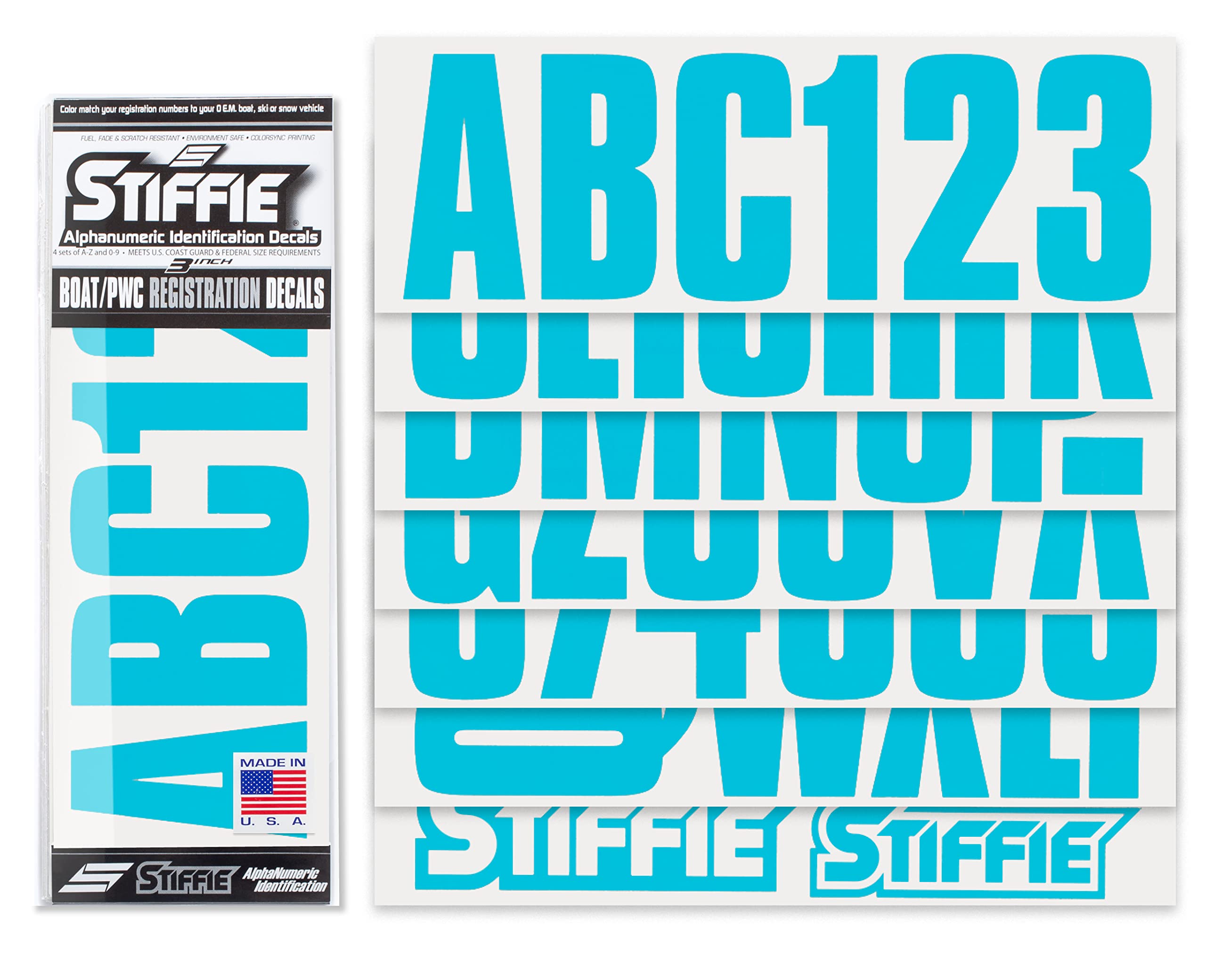 Stiffie Uniline Sky Blue 3 Alpha-Numeric Registration Identification Numbers Stickers Decals For Boats & Personal Watercraft