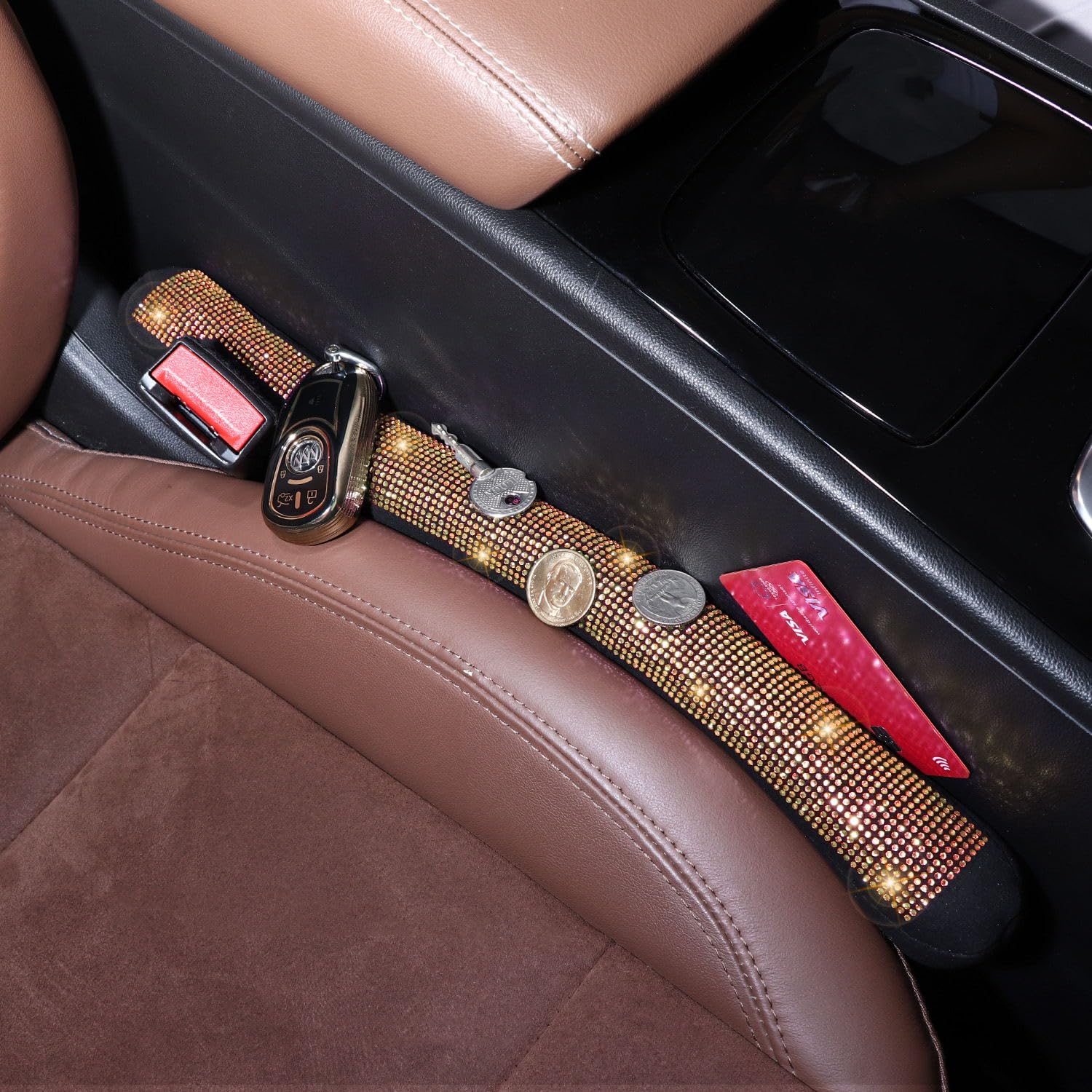 Tobequeen Beige Seat Gap Filler, Handmade Crystal Diamond Rhinestone Champagne Bling Car Accessories For Women, Universal Fit Fo