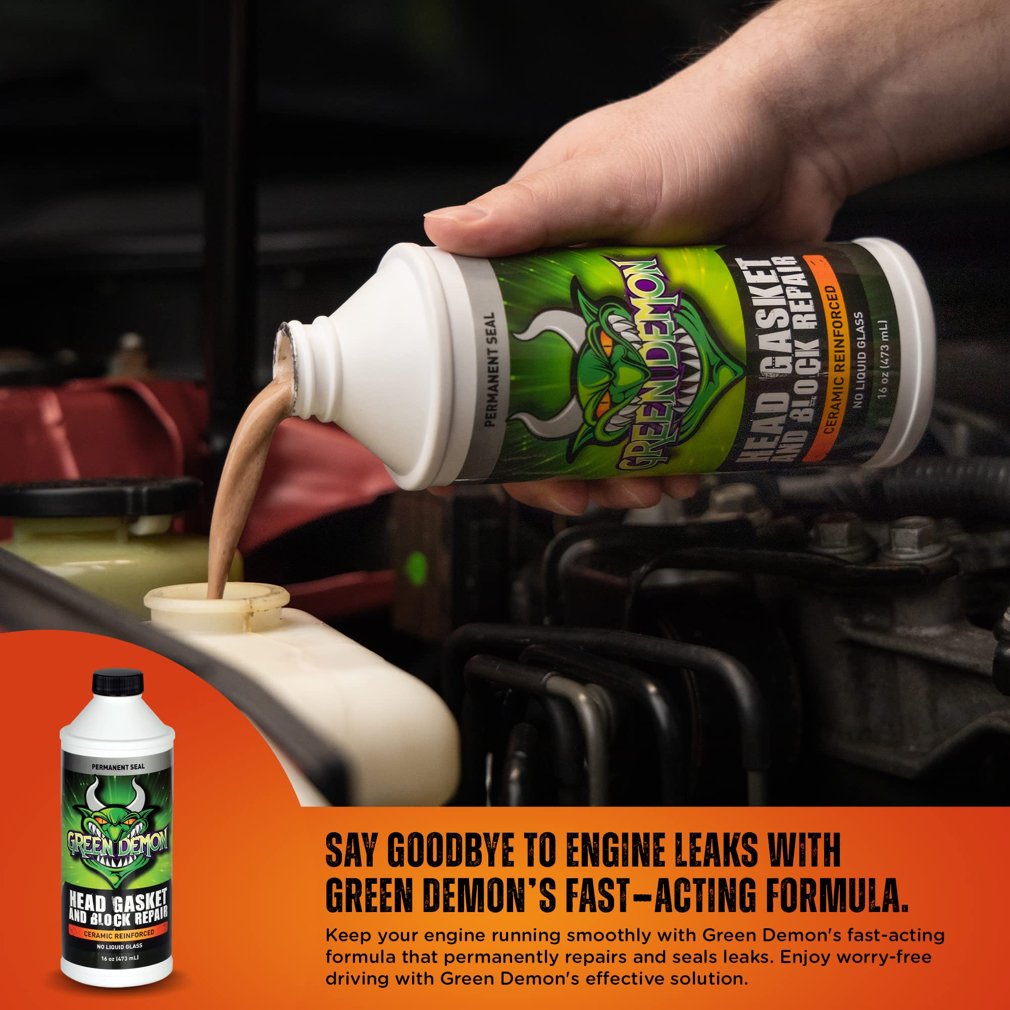 GREEN DEMON Head Gasket and Block Repair | Ceramic Reinforced Head Gasket Sealer | Advanced Coolant Leak DIY Permanent Repair |