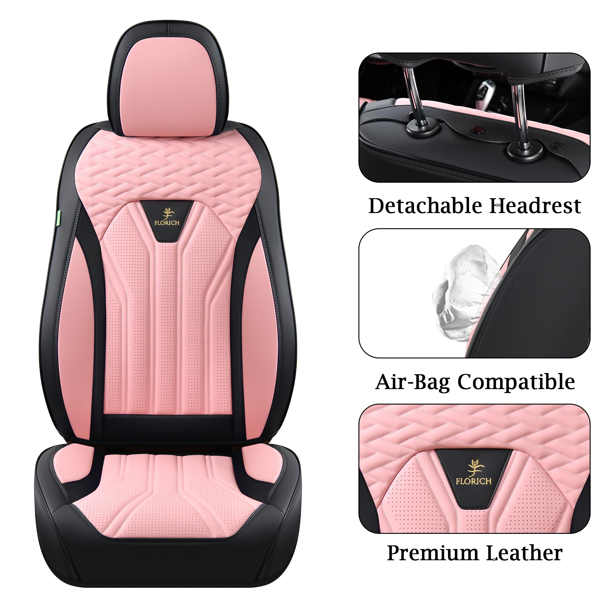 Florich Automotive Front Seat Covers For Cars, Waterproof Pink & Black Seat Covers, Leather Car Seat Covers 2 Pack, Universal Se
