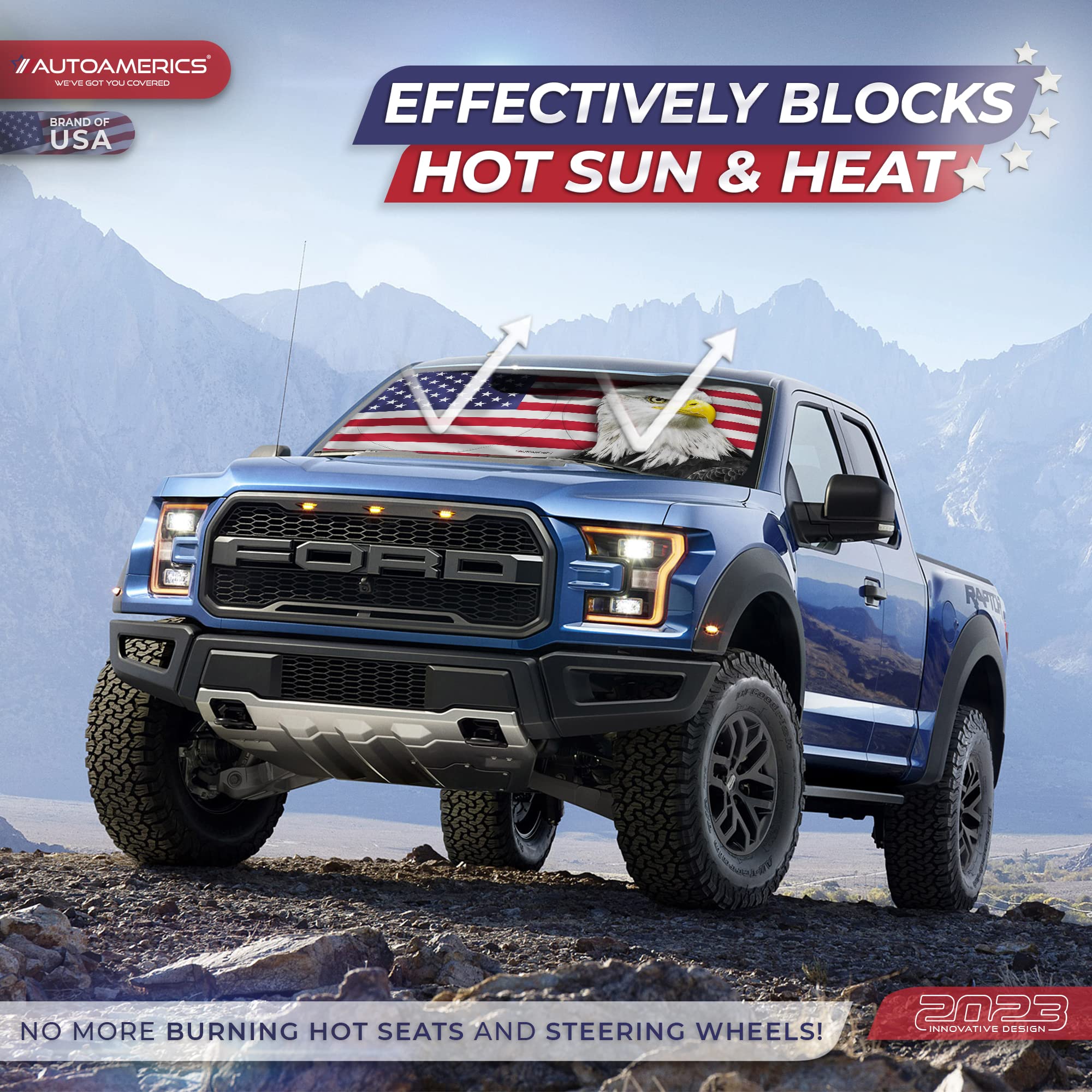 Autoamerics 1-Piece Windshield Sun Shade New American Eagle Flag Usa Patriotic Design - Foldable Car Front Window Sunshade For S