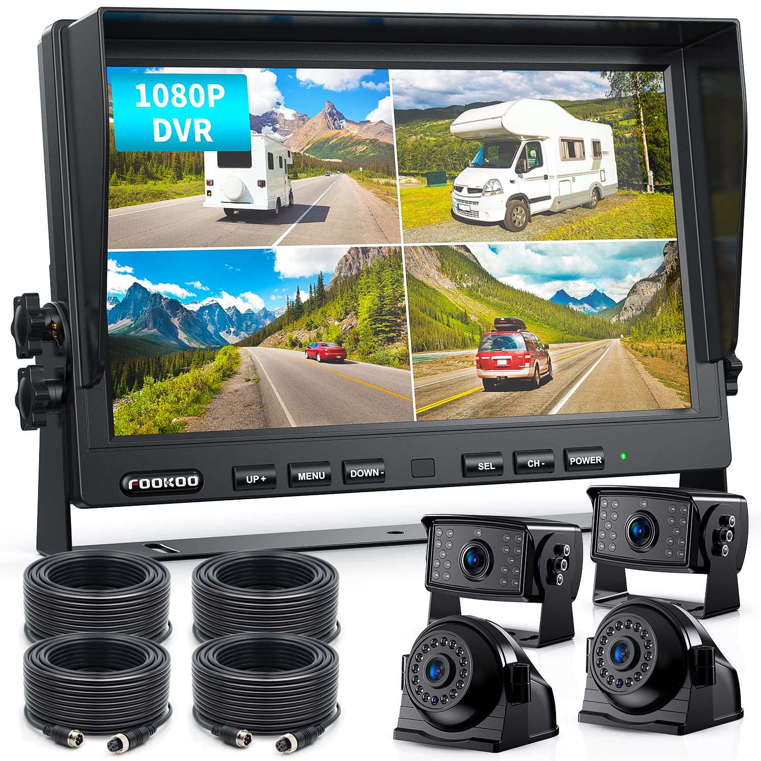 Fookoo ? 10'' 1080P Wired Backup Camera System Kit,10'' Hd Quad Split Screen Monitor With Recording Ip69 Waterproof Rear View Si