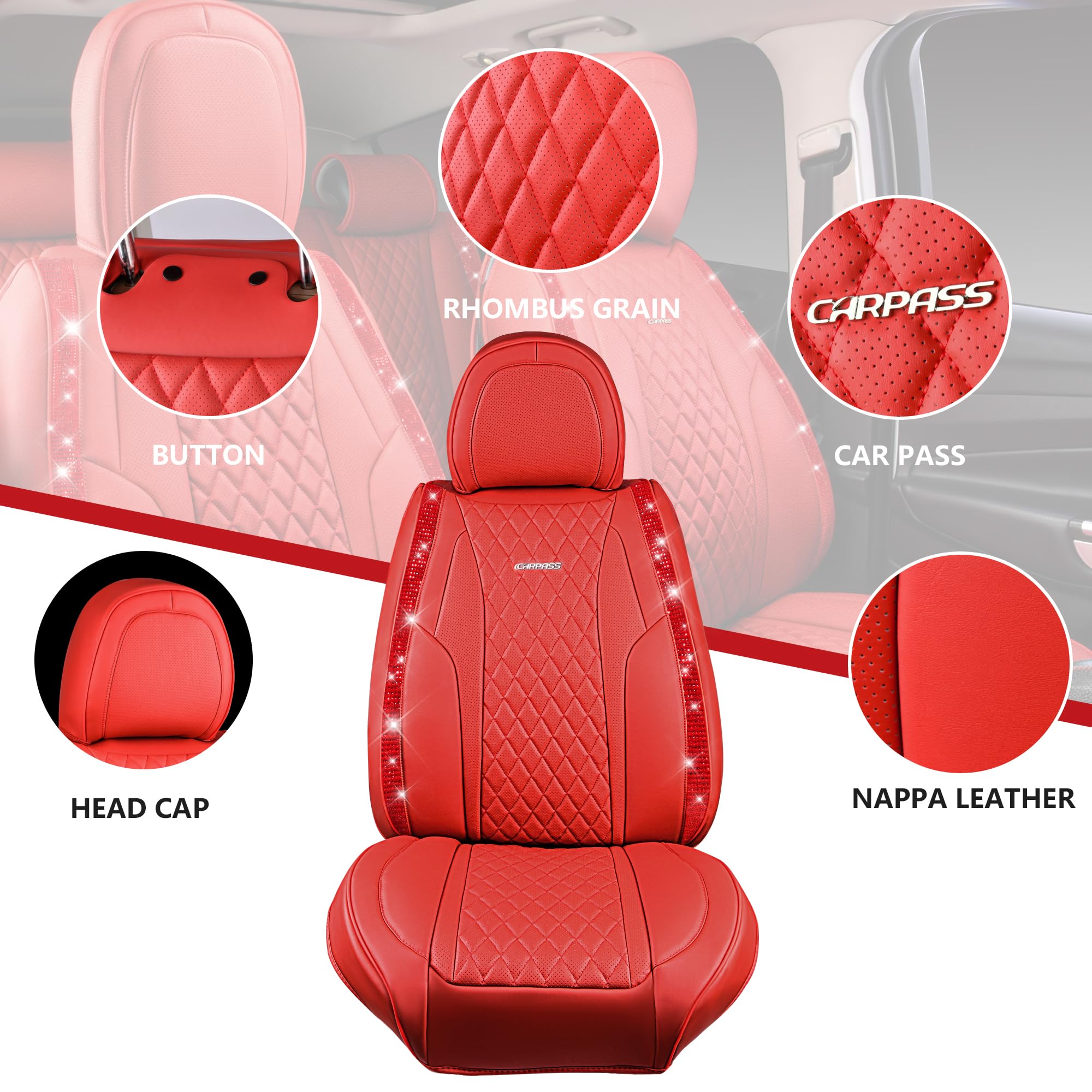 Car Pass Diamond Nappa Leather Bling Car Seat Covers Full Set Universal Cushioned, Waterproof Heavy-Duty Anti-Slip Luxury Leathe