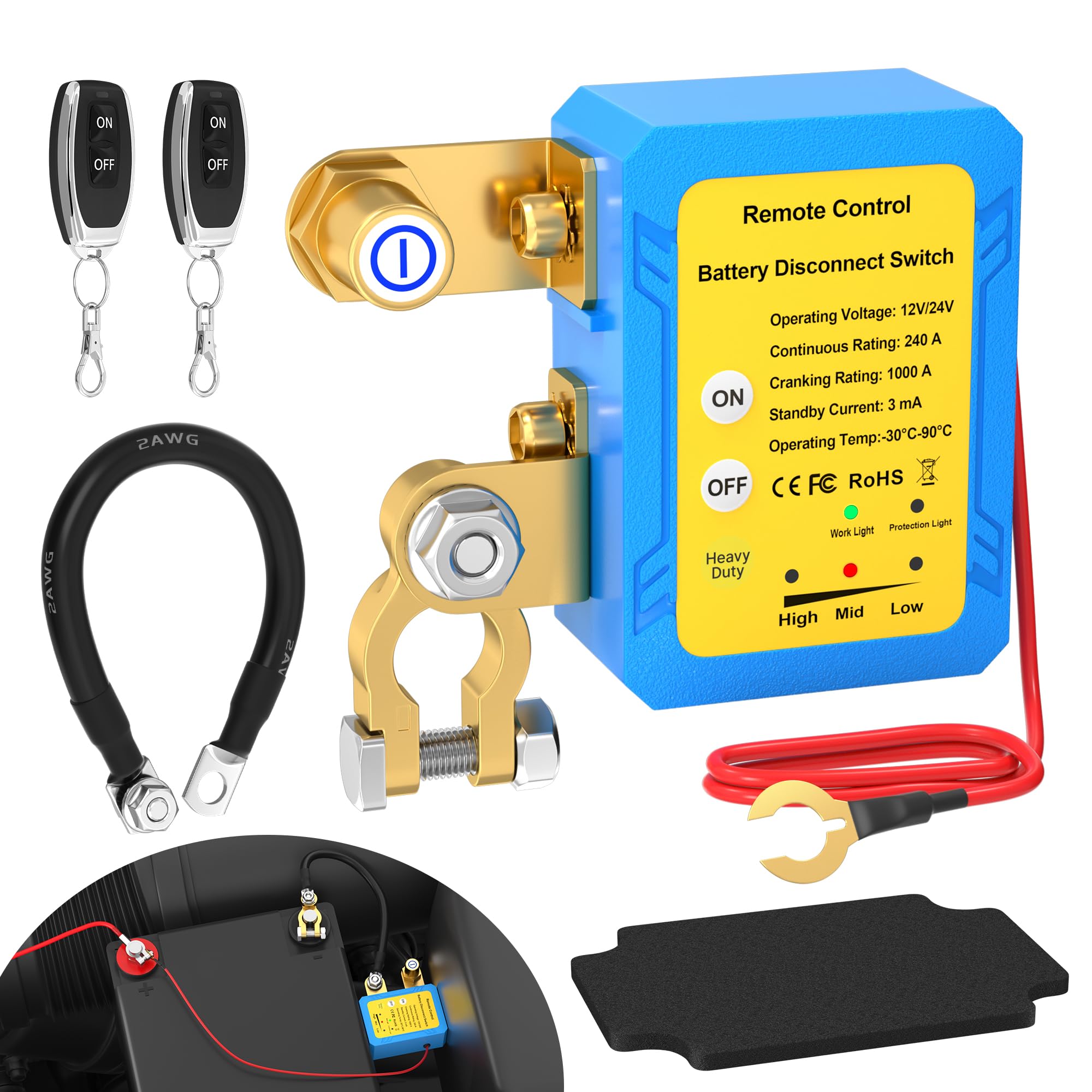 Joinfworld Kill Switch for Car 12V 240A Remote Battery Disconnect Switch Car Anti Theft Kill Switch Automatic Battery Shut Off S