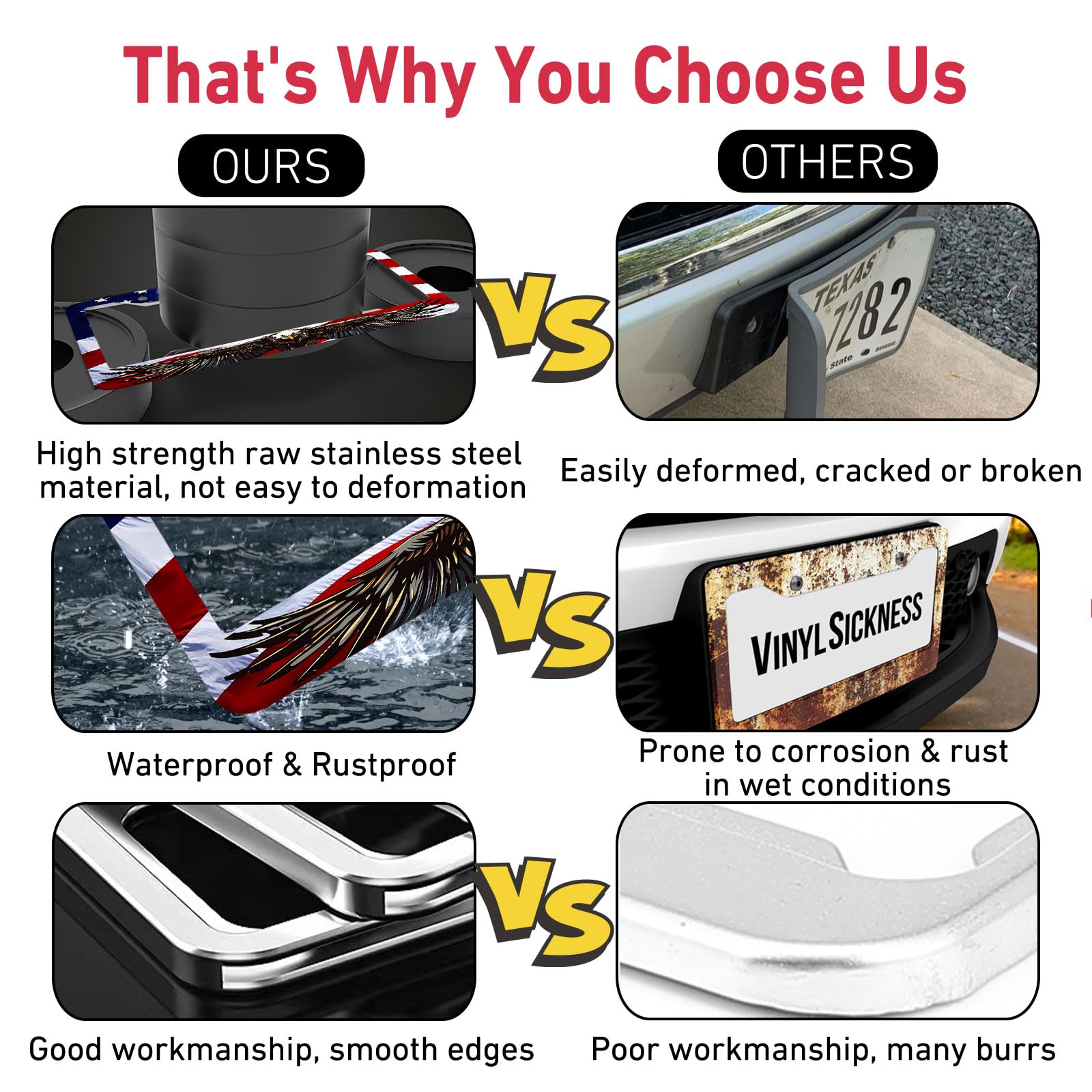 TIPIPARK American Flag Eagle License Plate Frame - 2 Packs, Universal Stainless Steel, Rustproof, AFE Color for Cars